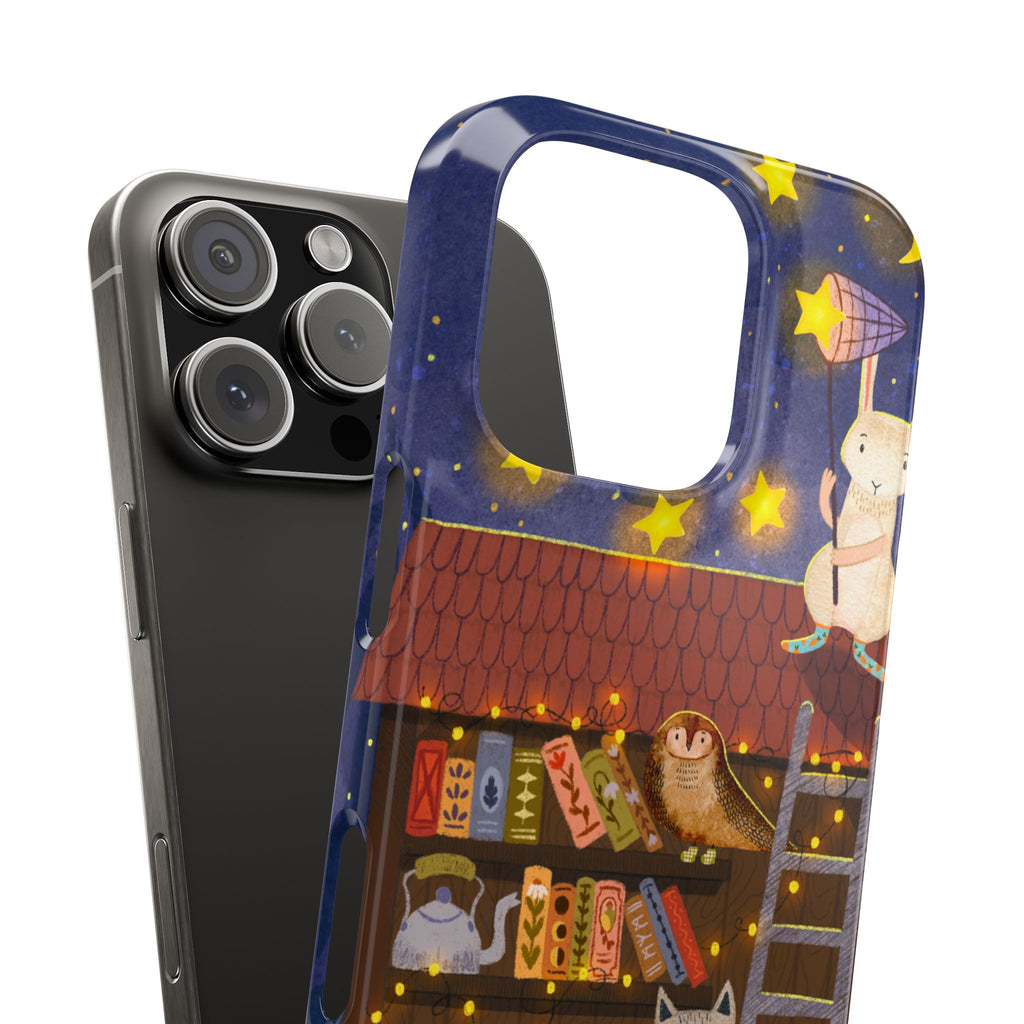 Starlit Library Phone Case, Woodland Animals iPhone Case, Cozy Night Scene Cover, Cute Animals Case Gift, iPhone 7 8 X XR 11 12 13 14 15 16