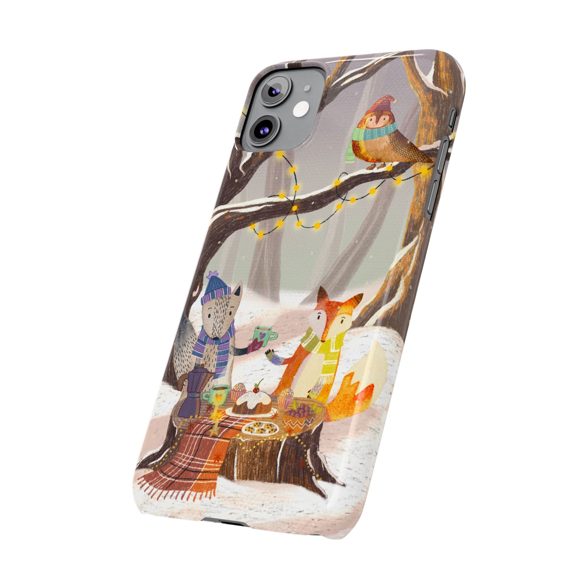 Cozy Winter Animals Slim iPhone Case, Cute Fox & Owl Design, Winter Theme Holiday Gift, Cute Phone Cover Gift, iPhone 16 15 14 13 12 11 X XR