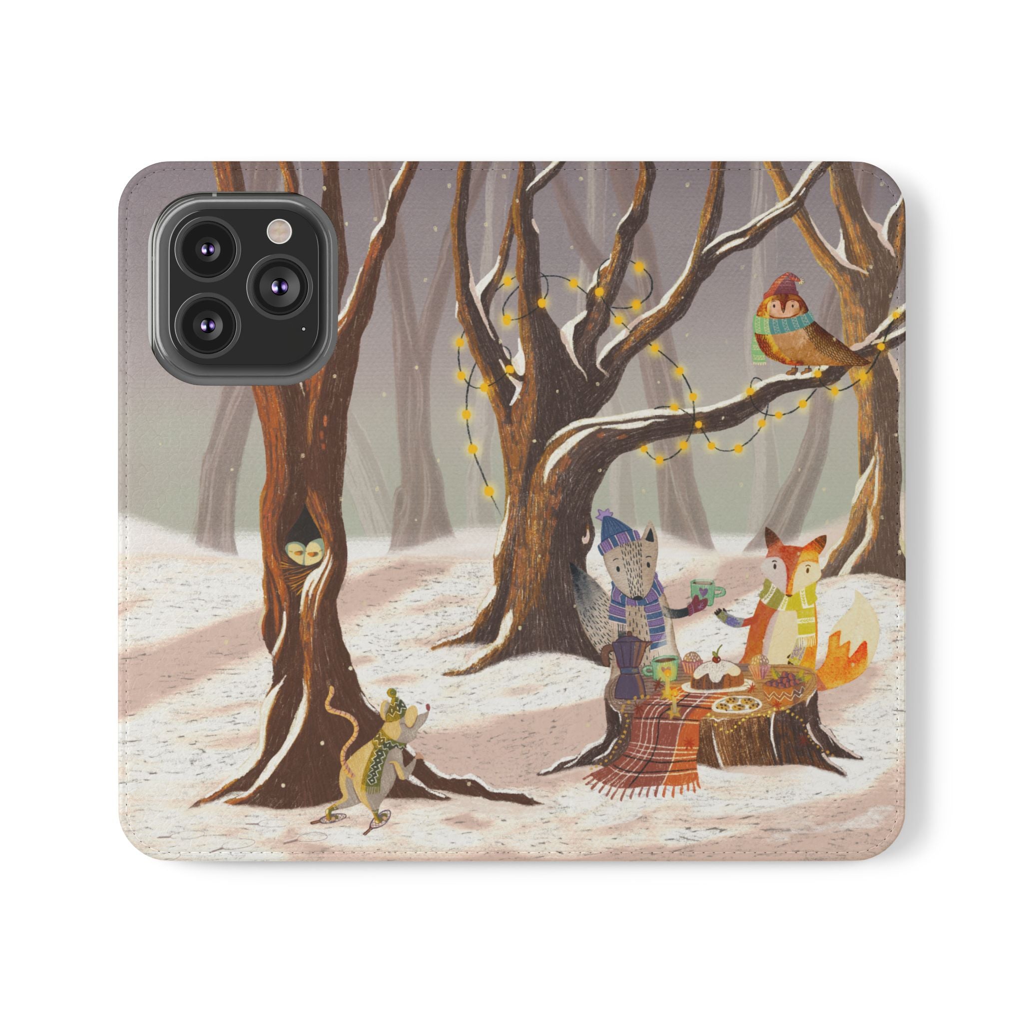 Winter Forest Tea Party Wallet Case, Woodland Animals Phone Flip Cover, Vegan Leather Case, iPhone 11 12 13 14 15 16, Galaxy Ultra S21 S22