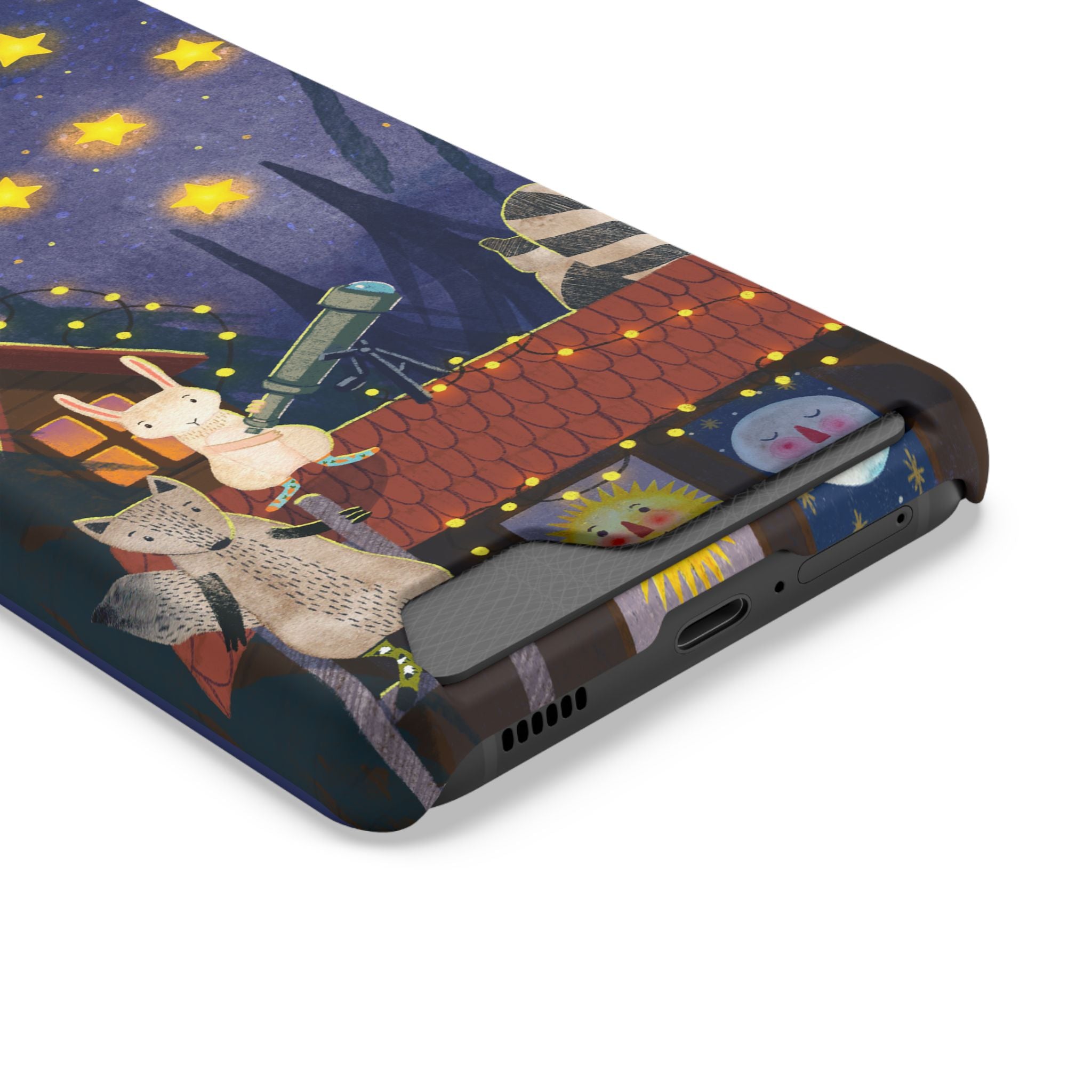 Stargazing Animals Phone Case With Card Holder - Cute Animal Design for Kids, Gift for Urban Explorers, Night Sky Vibes, Fun Accessory