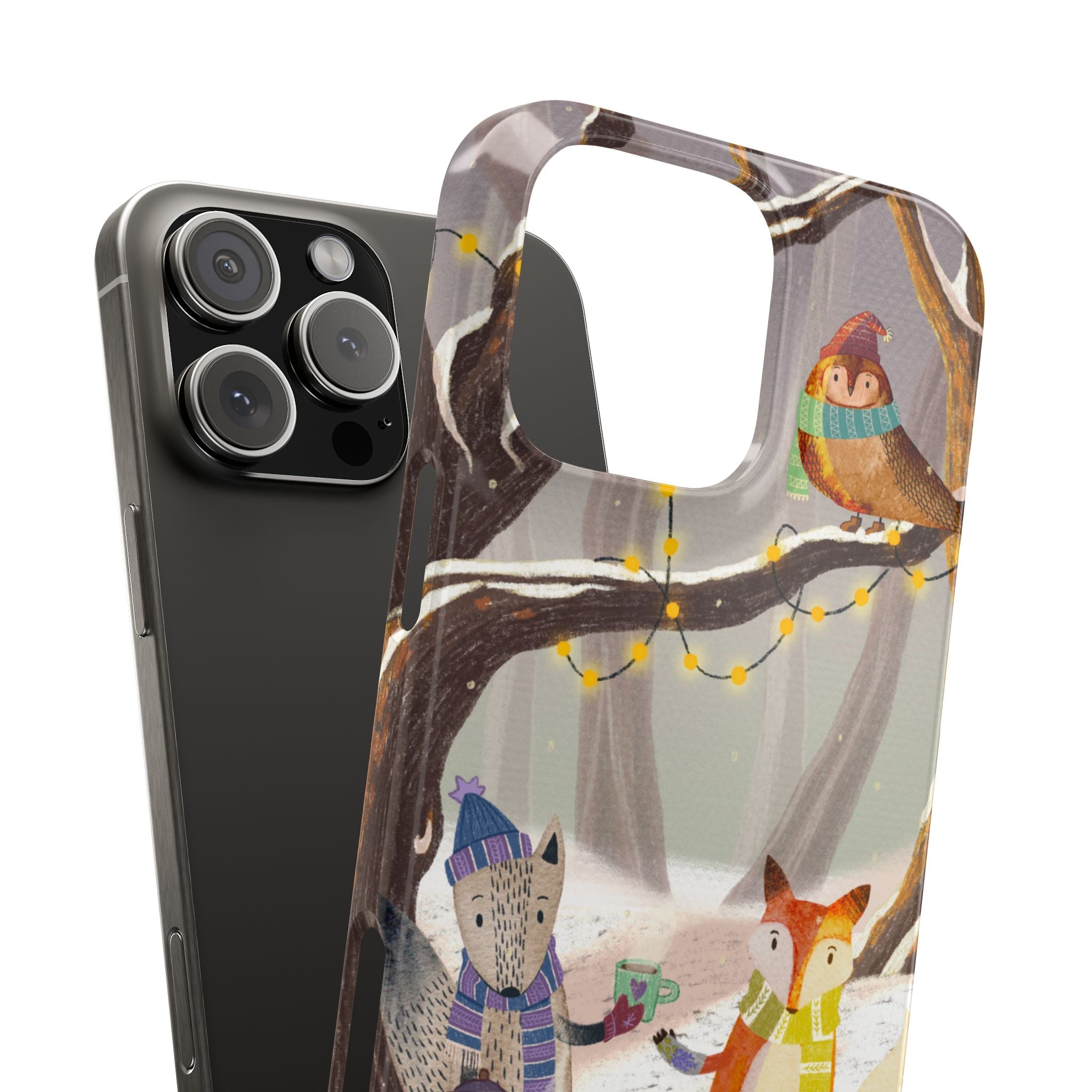 Cozy Winter Animals Slim iPhone Case, Cute Fox & Owl Design, Winter Theme Holiday Gift, Cute Phone Cover Gift, iPhone 16 15 14 13 12 11 X XR