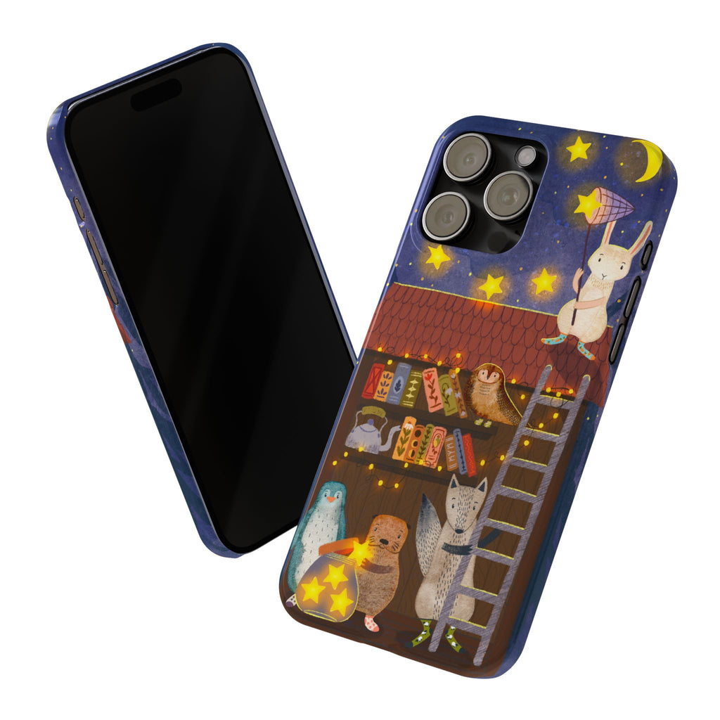 Starlit Library Phone Case, Woodland Animals iPhone Case, Cozy Night Scene Cover, Cute Animals Case Gift, iPhone 7 8 X XR 11 12 13 14 15 16