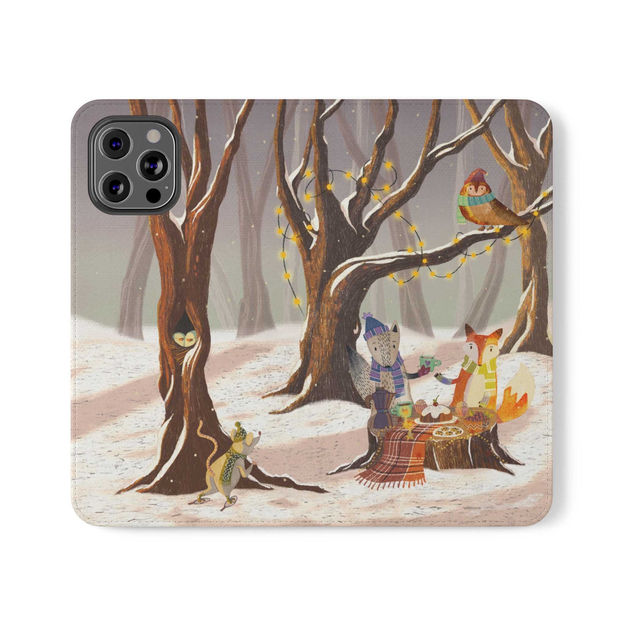 Winter Forest Tea Party Wallet Case, Woodland Animals Phone Flip Cover, Vegan Leather Case, iPhone 11 12 13 14 15 16, Galaxy Ultra S21 S22