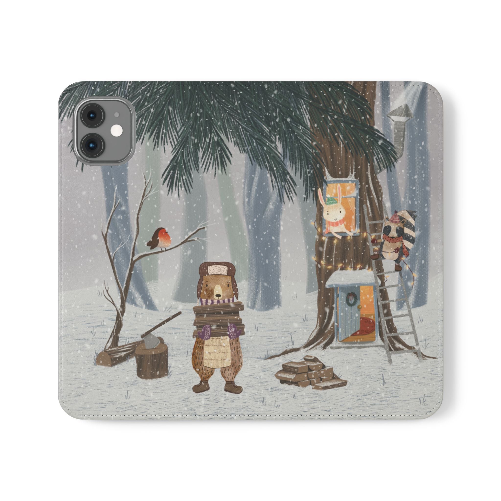 Winter Forest Friends Wallet Case, Woodland Flip Cover, Vegan Leather, Snowy Scene, Cozy Holiday, iPhone 11 12 13 14 15 16, Galaxy S21 S22