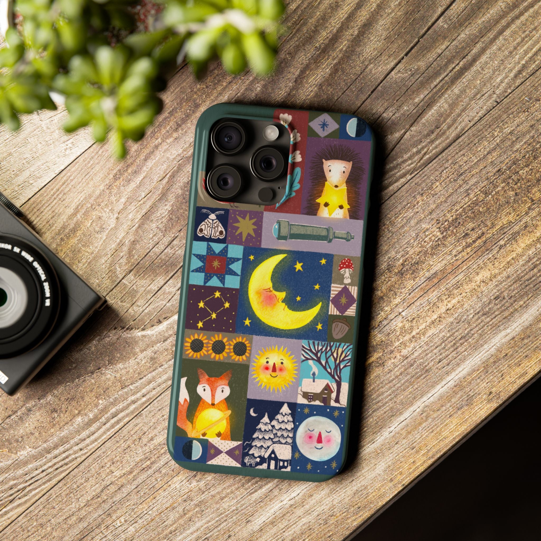 Celestial Quilt iPhone Case, Folk Art Moon Sun Fox Case, Nature Patchwork Cover, Cute Stellar Design, iPhone 7 8 X XR XS 11 12 13 14 15 16