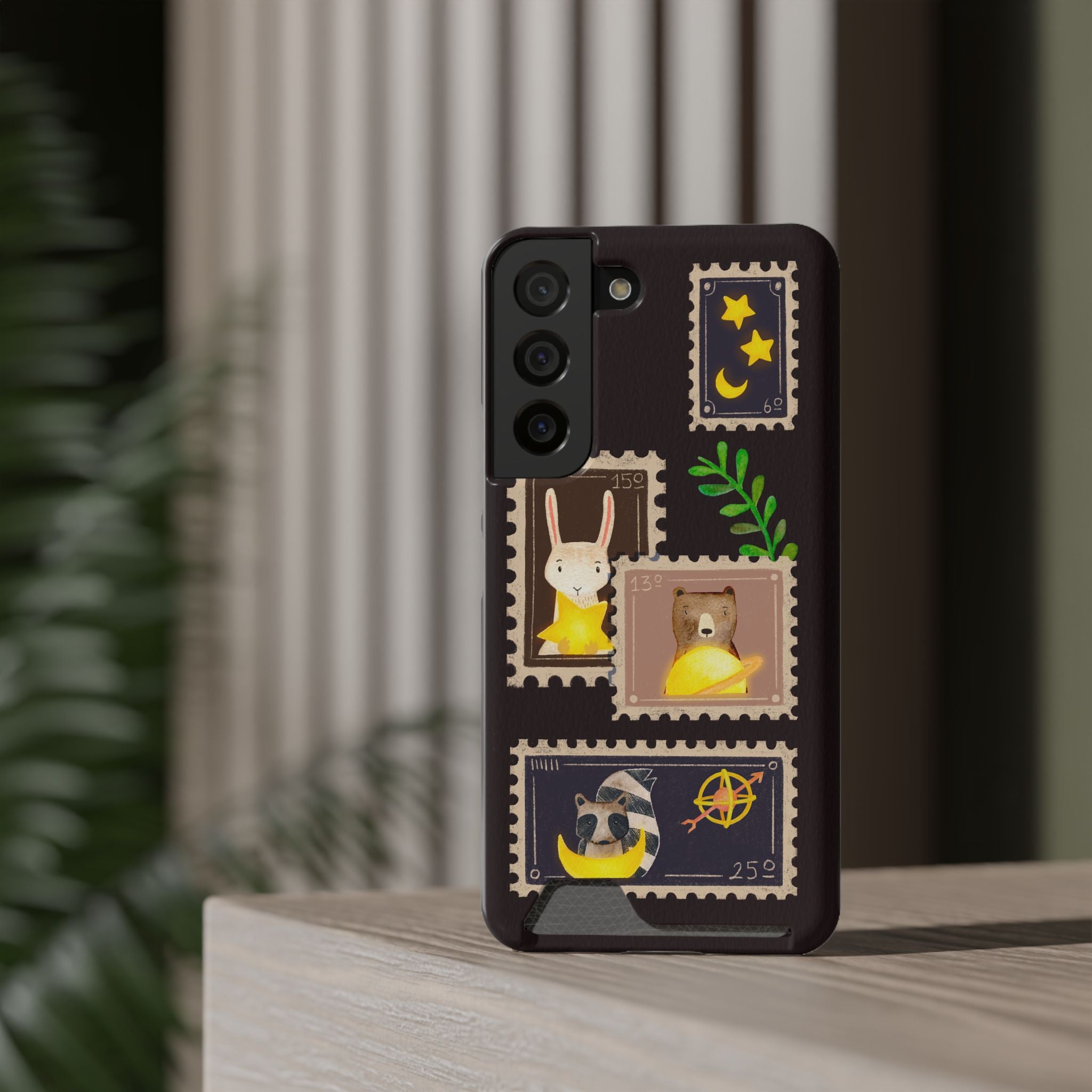 Animal Phone Case with Card Holder - Cute Raccoon, Bear & Bunny Design for iPhone 13 Samsung Galaxy S21/S22 - Pet Lovers Night Sky Style