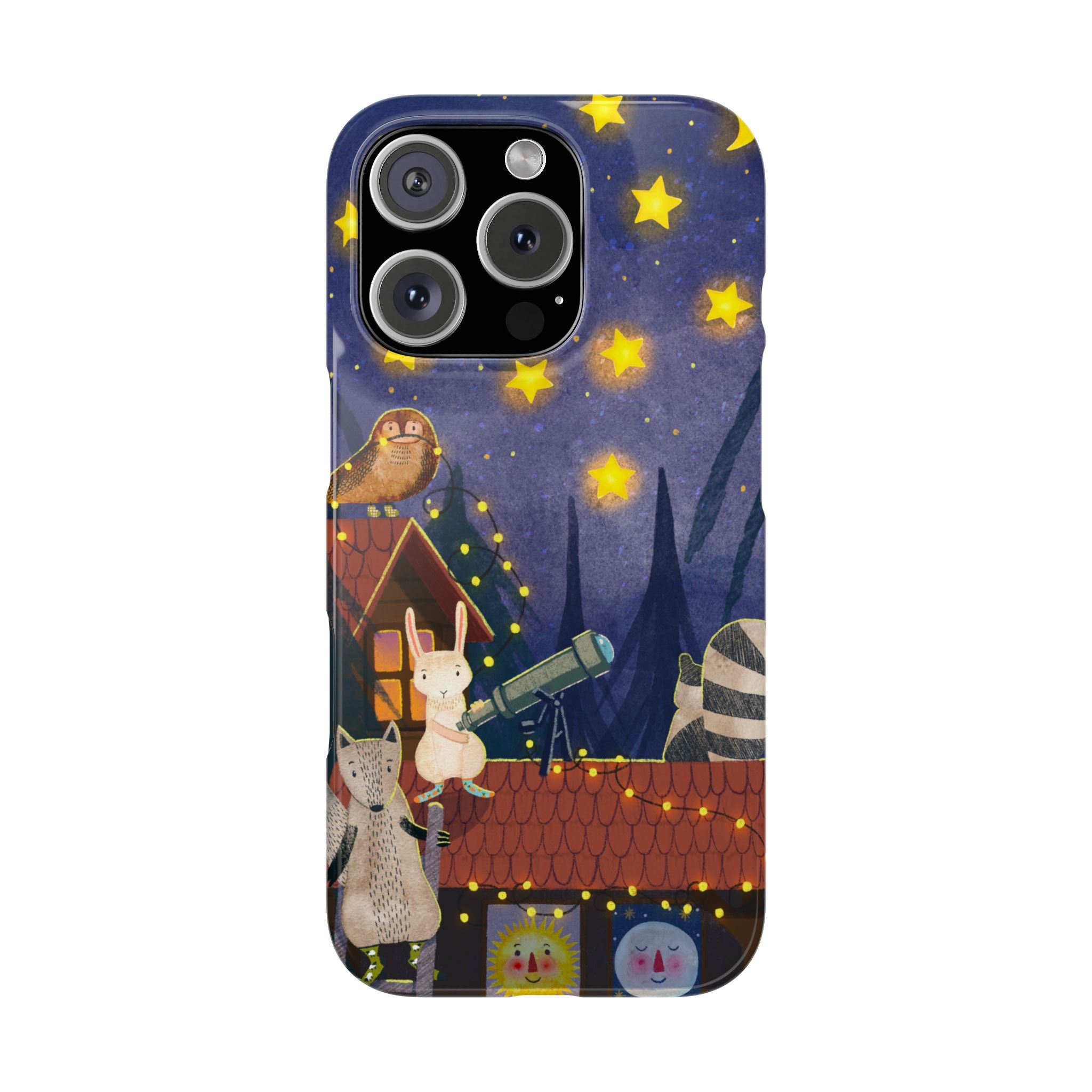 Stargazing Animals Slim iPhone Case, Night Sky Observatory Cover, Cute Forest Gift, Starry Night Gift, iPhone 16 15 14 13 12 11 X XR XS 8 7