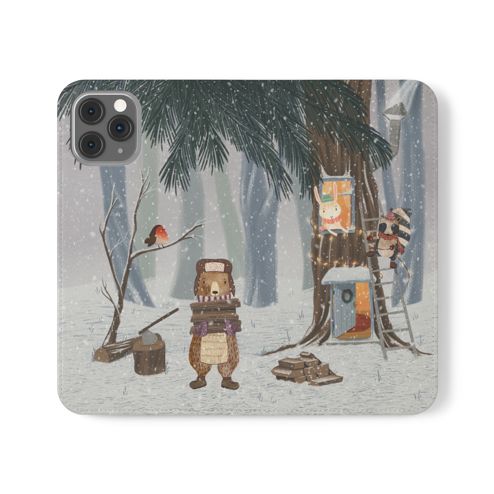 Winter Forest Friends Wallet Case, Woodland Flip Cover, Vegan Leather, Snowy Scene, Cozy Holiday, iPhone 11 12 13 14 15 16, Galaxy S21 S22