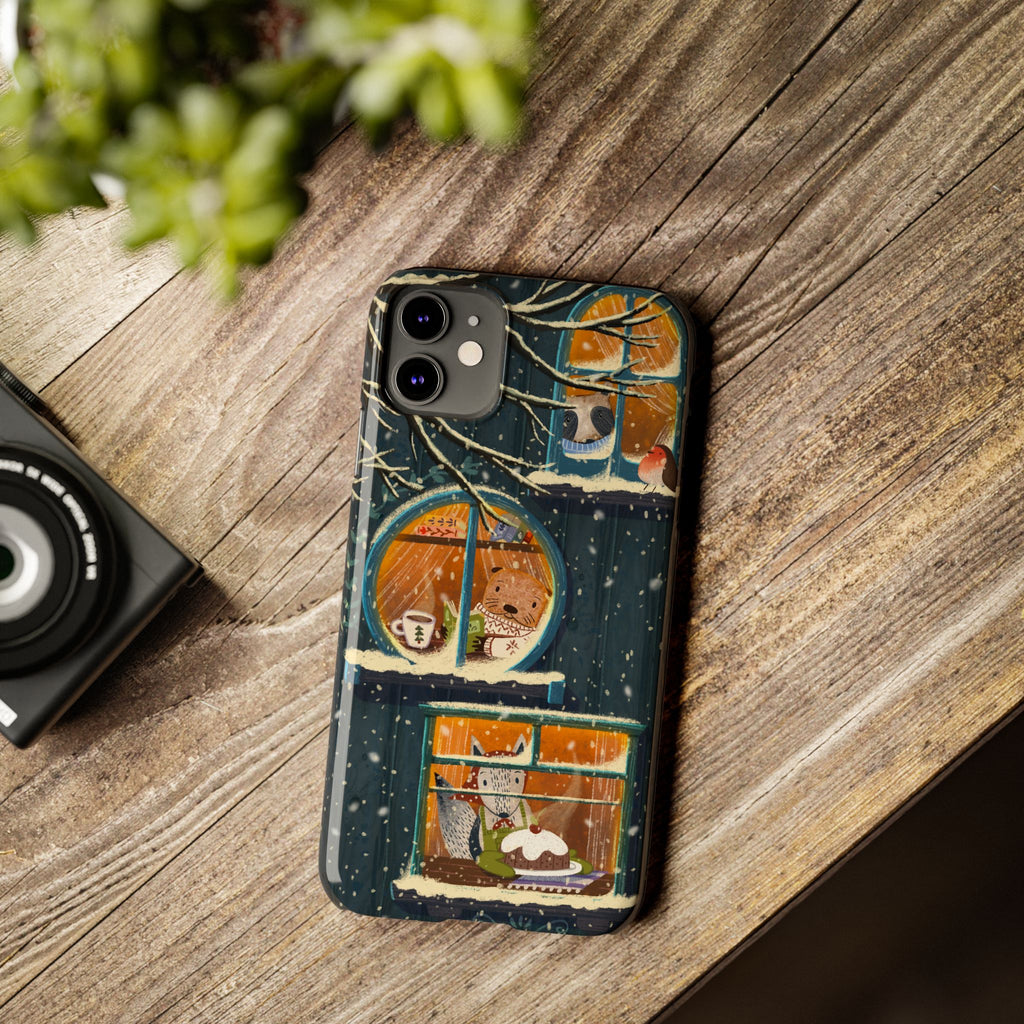 Cute Winter Animals Cozy Home iPhone Case, Woodland Cottage Cover, Treehouse at Night, Raccoon Bear Fox, iPhone 16 15 14 13 12 11 X XR 8 7