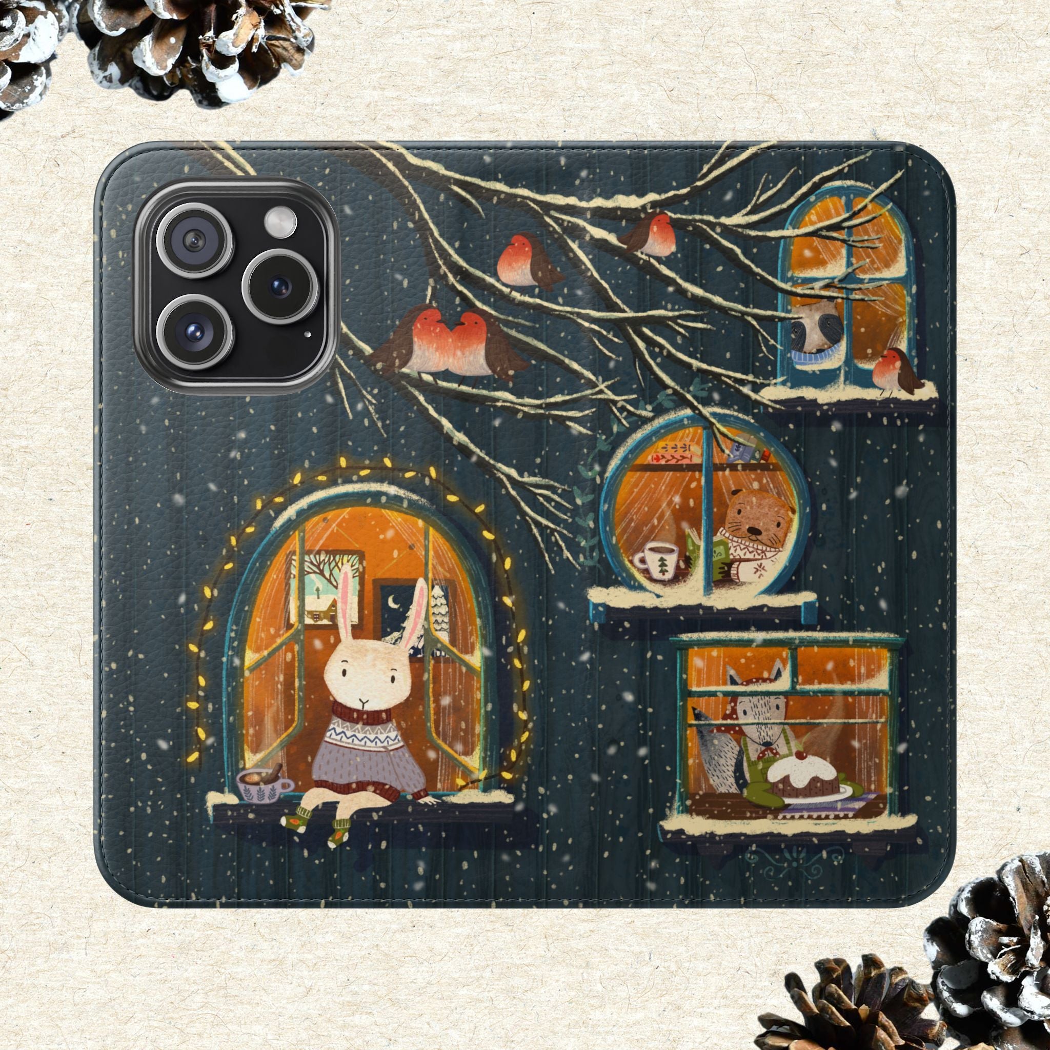 Cozy Winter Cottage Wallet Case, Cute Animals Flip Cover, Vegan Leather, Cozy Vibes, Gift Idea for iPhone 11 12 13 14 15 16, Galaxy S21 S22