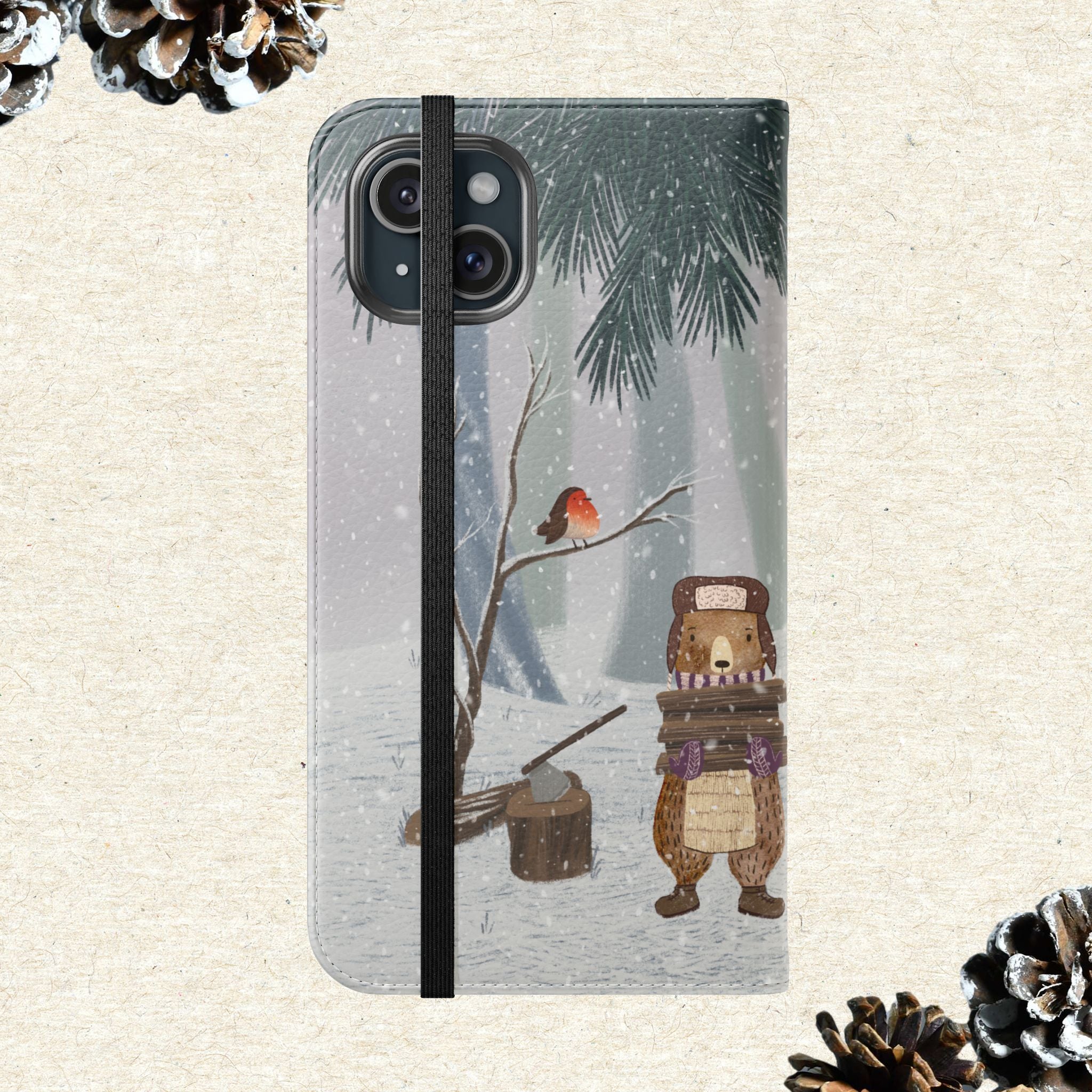 Winter Forest Friends Wallet Case, Woodland Flip Cover, Vegan Leather, Snowy Scene, Cozy Holiday, iPhone 11 12 13 14 15 16, Galaxy S21 S22