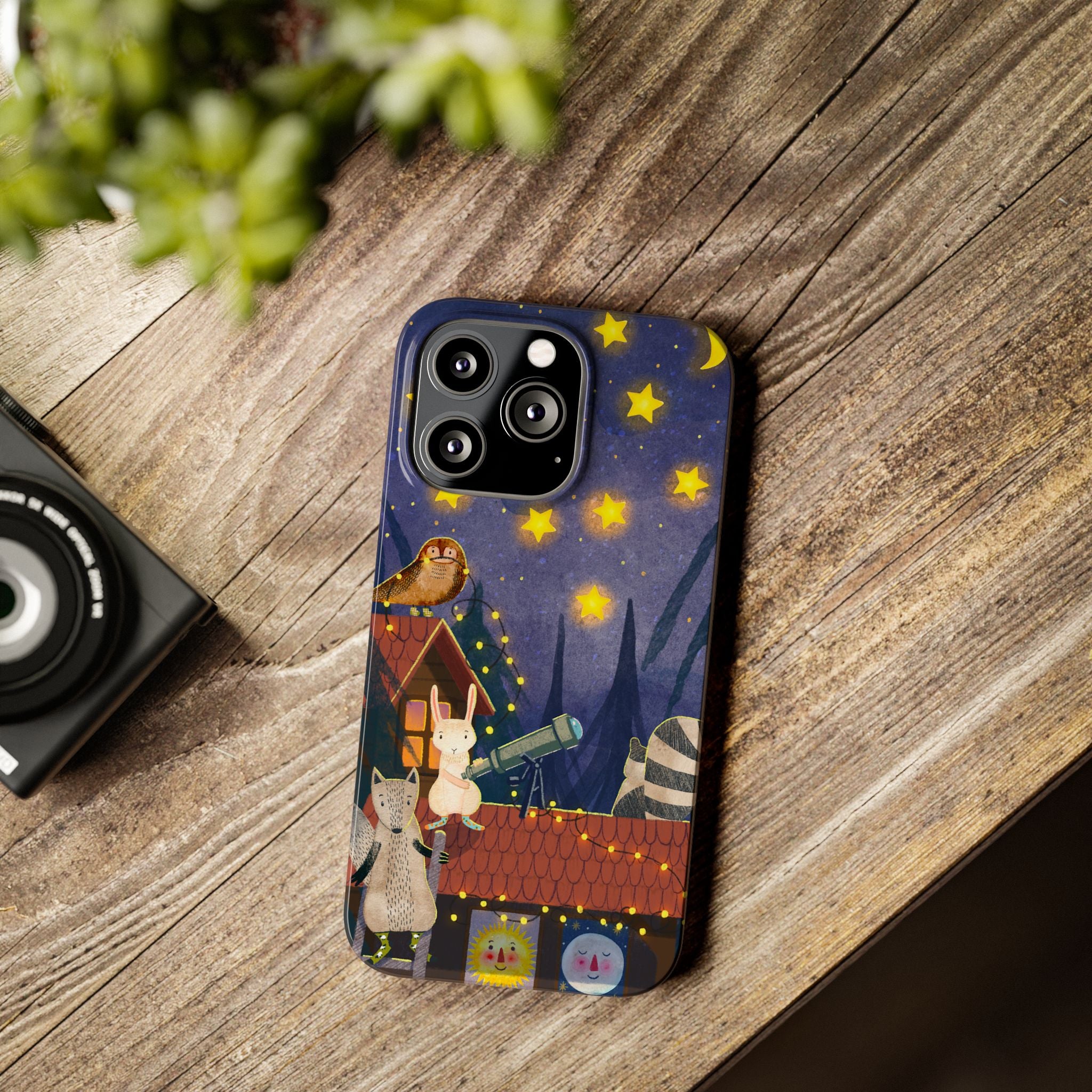 Stargazing Animals Slim iPhone Case, Night Sky Observatory Cover, Cute Forest Gift, Starry Night Gift, iPhone 16 15 14 13 12 11 X XR XS 8 7