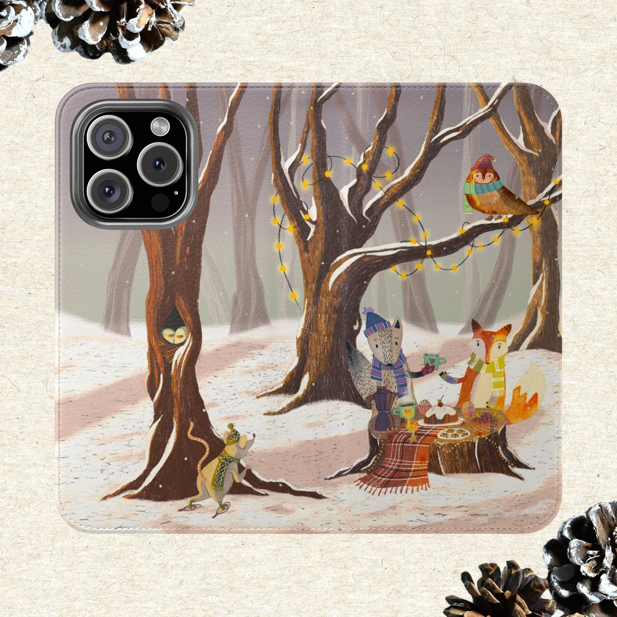 Winter Forest Tea Party Wallet Case, Woodland Animals Phone Flip Cover, Vegan Leather Case, iPhone 11 12 13 14 15 16, Galaxy Ultra S21 S22