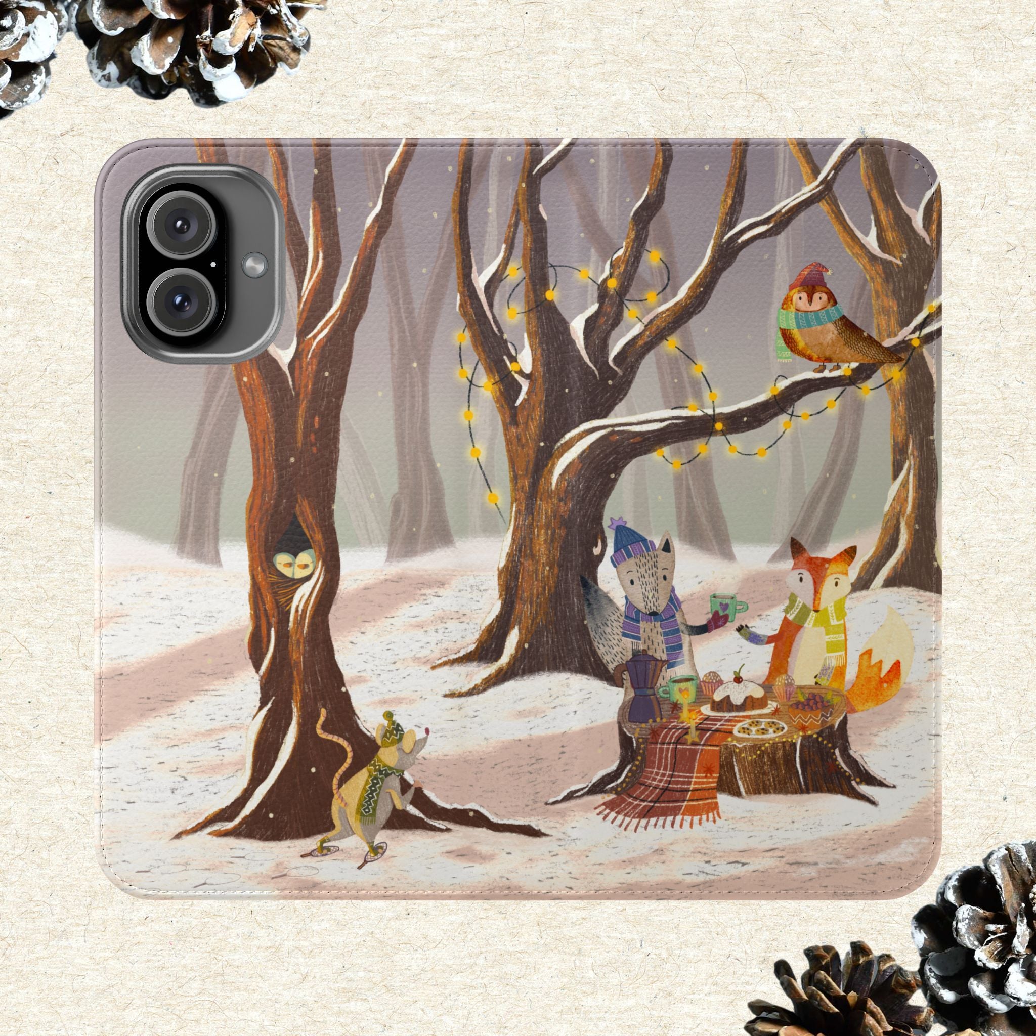 Winter Forest Tea Party Wallet Case, Woodland Animals Phone Flip Cover, Vegan Leather Case, iPhone 11 12 13 14 15 16, Galaxy Ultra S21 S22