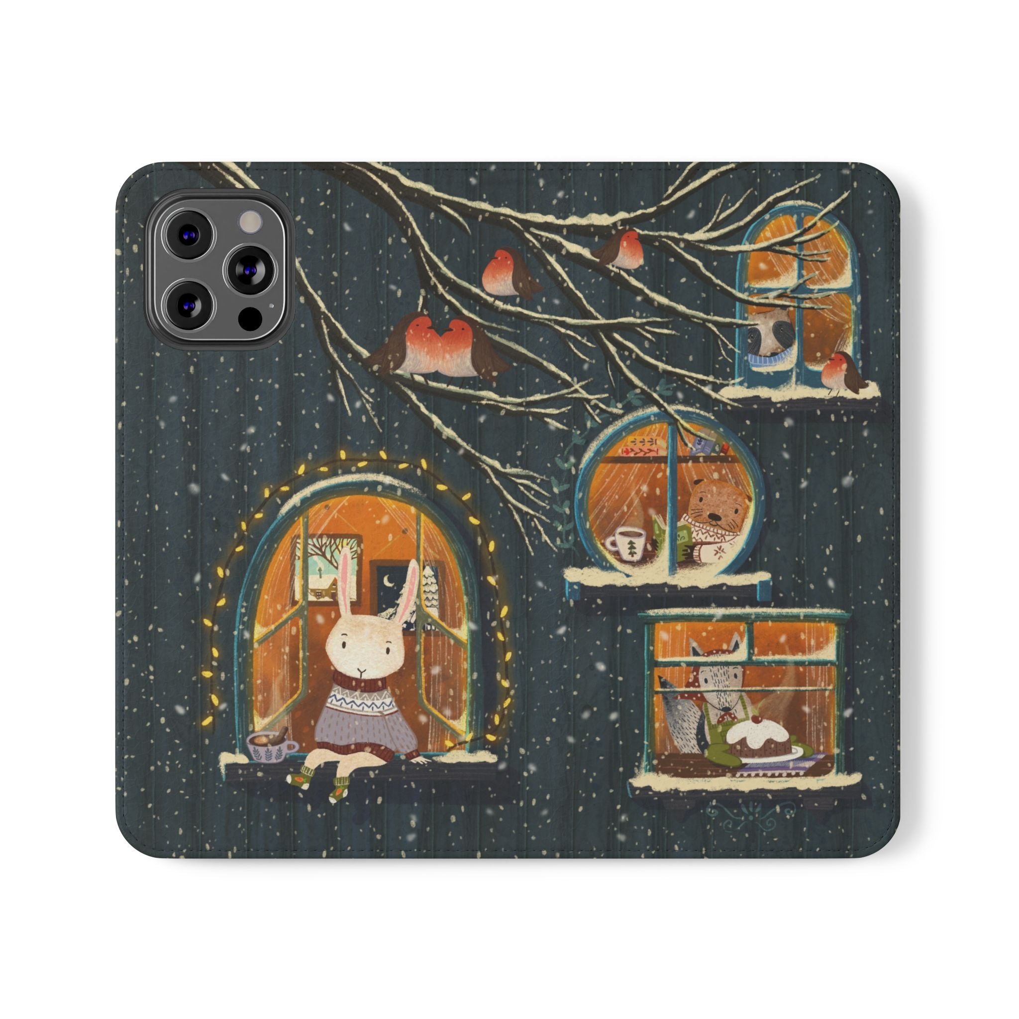 Cozy Winter Cottage Wallet Case, Cute Animals Flip Cover, Vegan Leather, Cozy Vibes, Gift Idea for iPhone 11 12 13 14 15 16, Galaxy S21 S22
