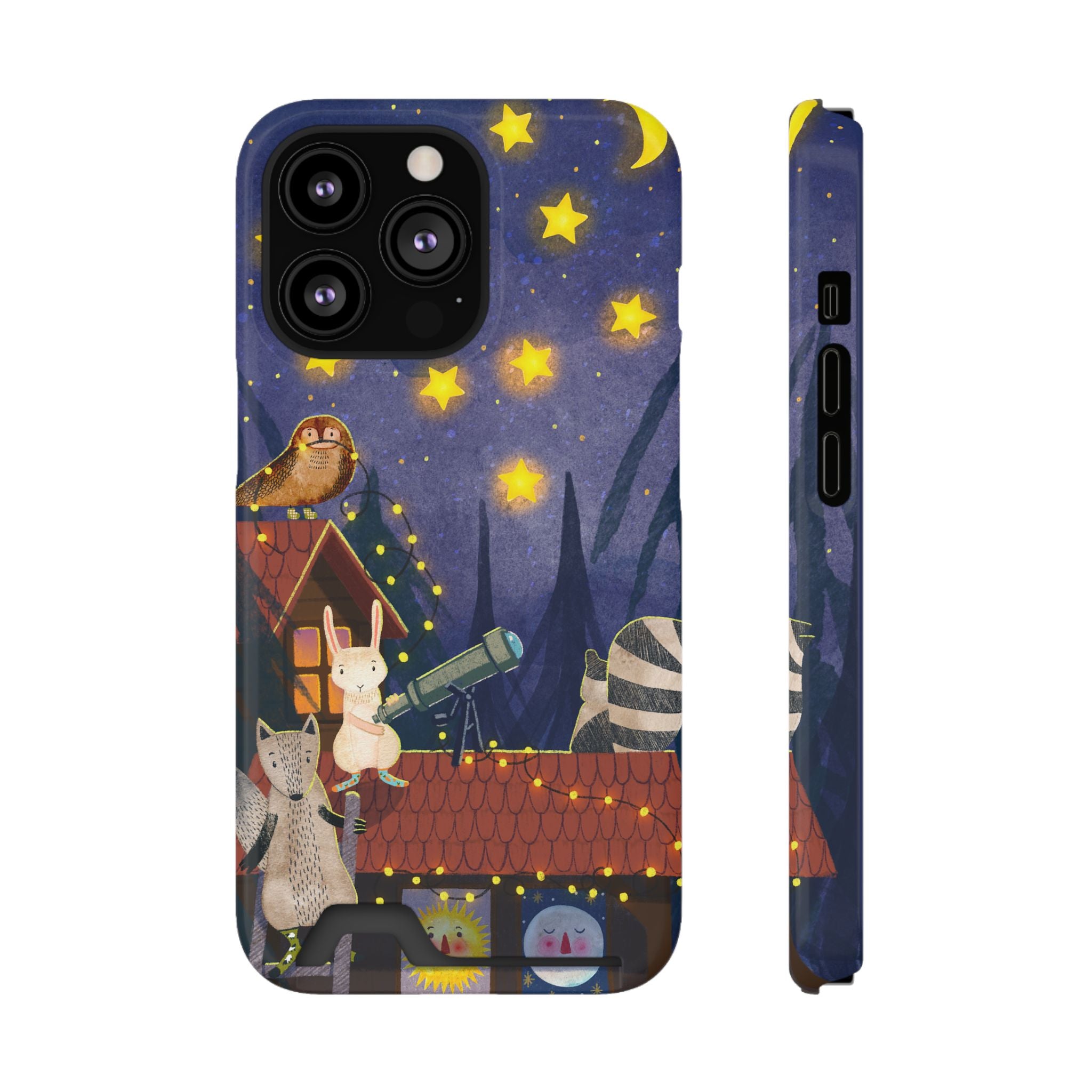 Stargazing Animals Phone Case With Card Holder - Cute Animal Design for Kids, Gift for Urban Explorers, Night Sky Vibes, Fun Accessory