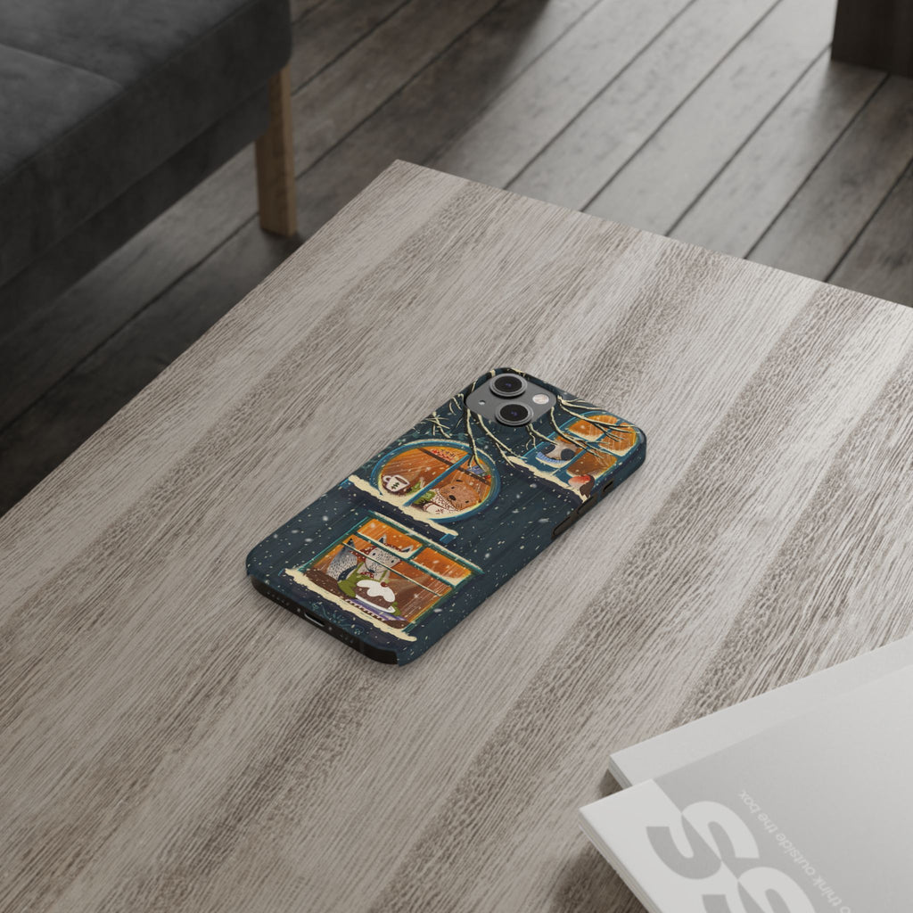 Cute Winter Animals Cozy Home iPhone Case, Woodland Cottage Cover, Treehouse at Night, Raccoon Bear Fox, iPhone 16 15 14 13 12 11 X XR 8 7