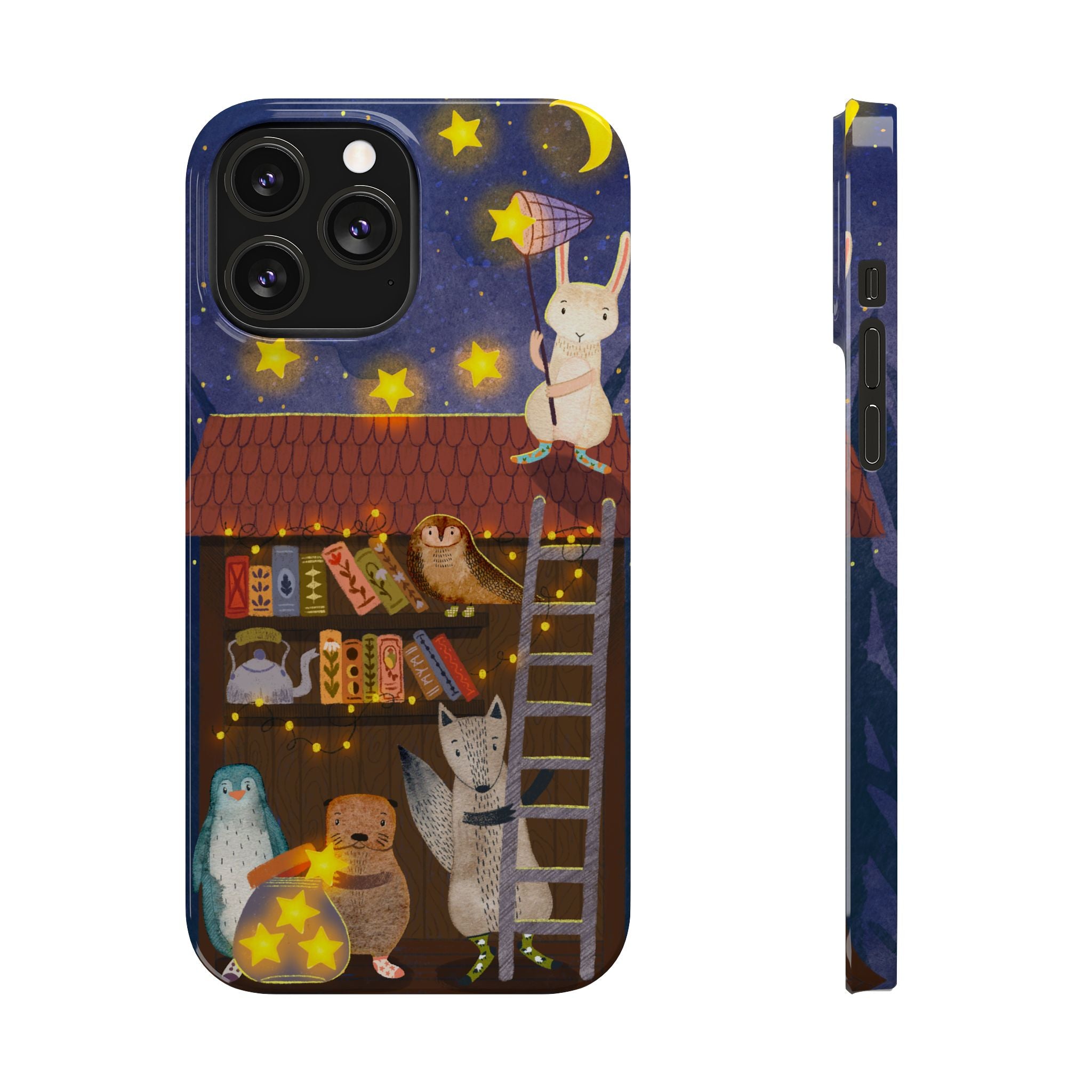 Starlit Library Phone Case, Woodland Animals iPhone Case, Cozy Night Scene Cover, Cute Animals Case Gift, iPhone 7 8 X XR 11 12 13 14 15 16