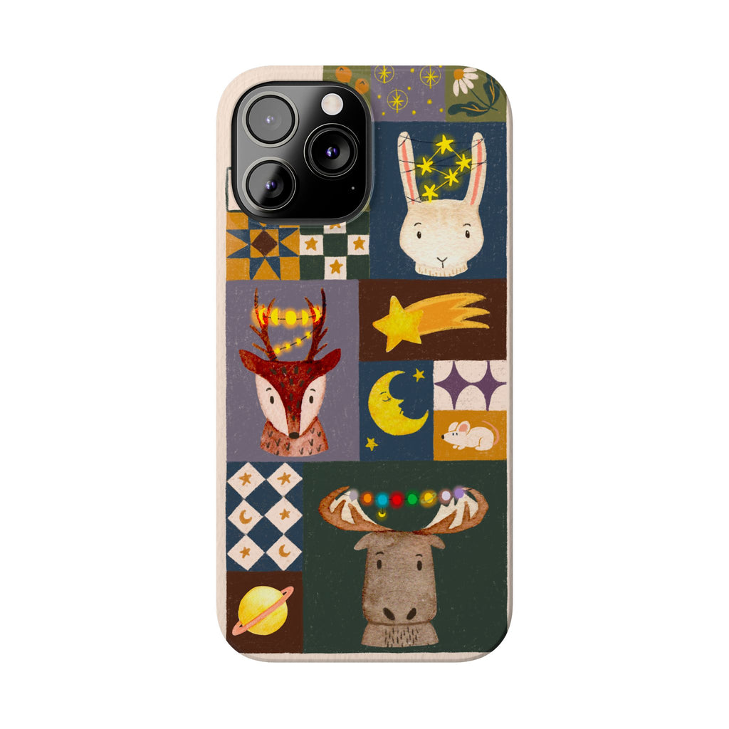 Holiday Night Sky Slim Case, Cute Forest Creatures iPhone Cover, Bunny Deer Moose, iPhone 7 8 X XR XS 11 12 13 14 15 16