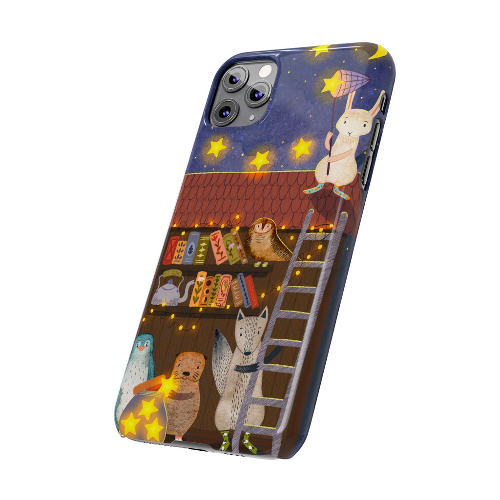 Starlit Library Phone Case, Woodland Animals iPhone Case, Cozy Night Scene Cover, Cute Animals Case Gift, iPhone 7 8 X XR 11 12 13 14 15 16