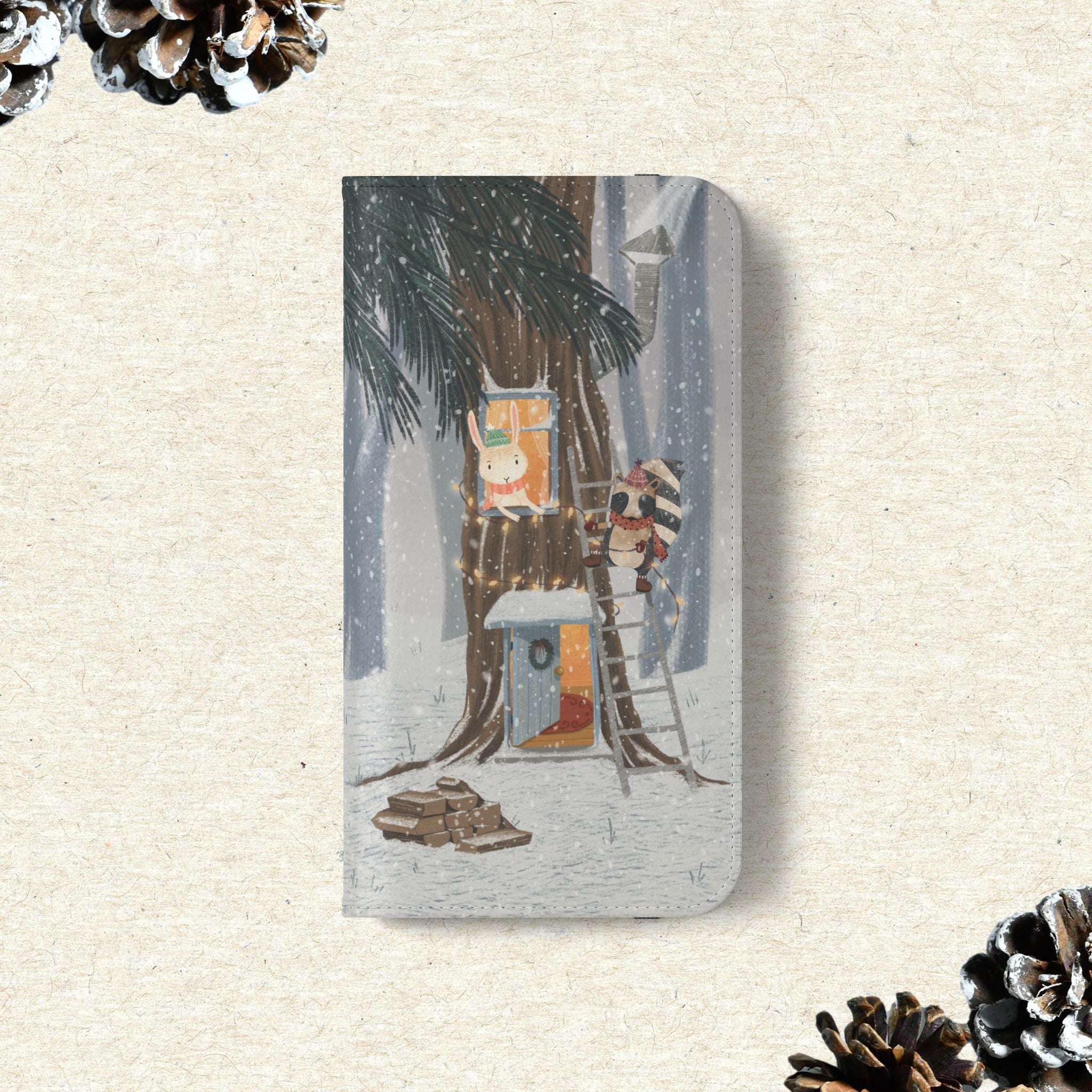 Winter Forest Friends Wallet Case, Woodland Flip Cover, Vegan Leather, Snowy Scene, Cozy Holiday, iPhone 11 12 13 14 15 16, Galaxy S21 S22