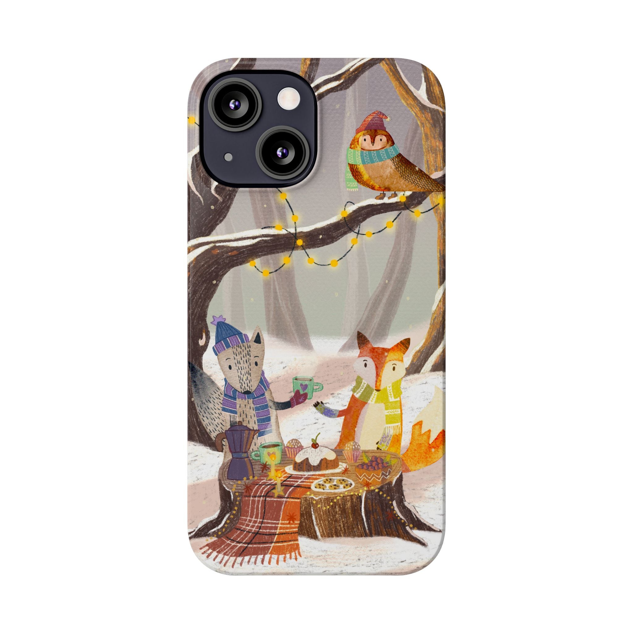 Cozy Winter Animals Slim iPhone Case, Cute Fox & Owl Design, Winter Theme Holiday Gift, Cute Phone Cover Gift, iPhone 16 15 14 13 12 11 X XR