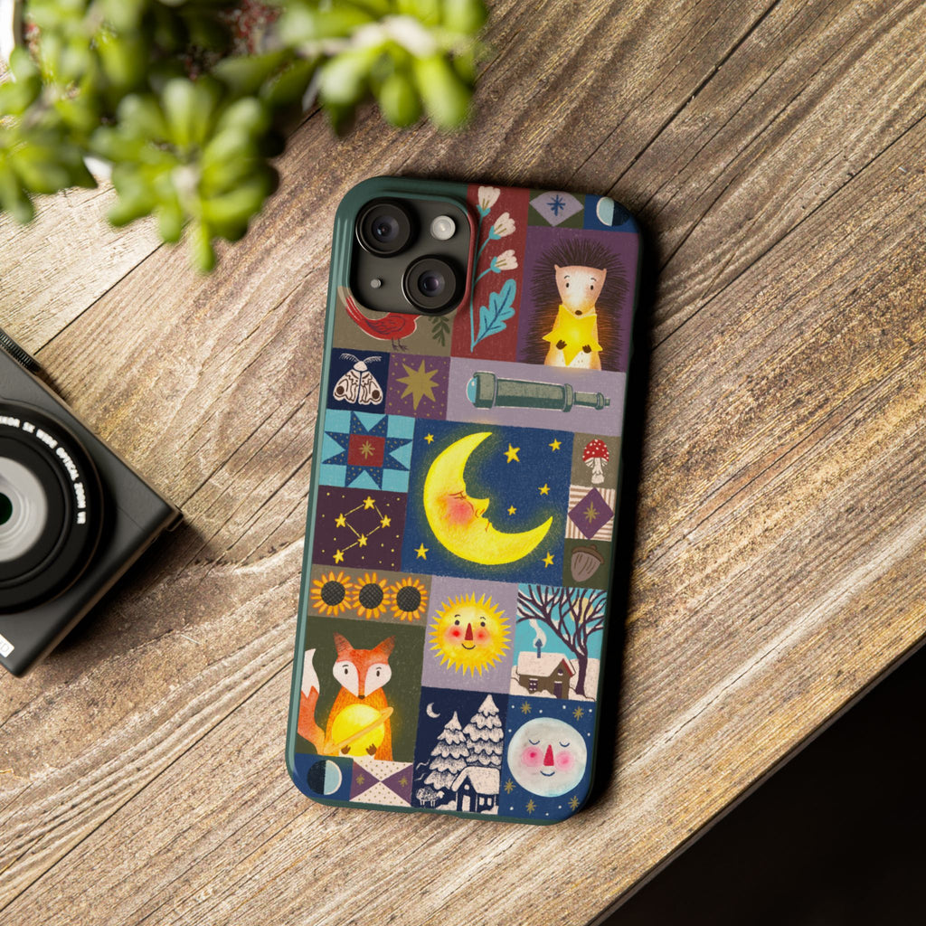 Celestial Quilt iPhone Case, Folk Art Moon Sun Fox Case, Nature Patchwork Cover, Cute Stellar Design, iPhone 7 8 X XR XS 11 12 13 14 15 16