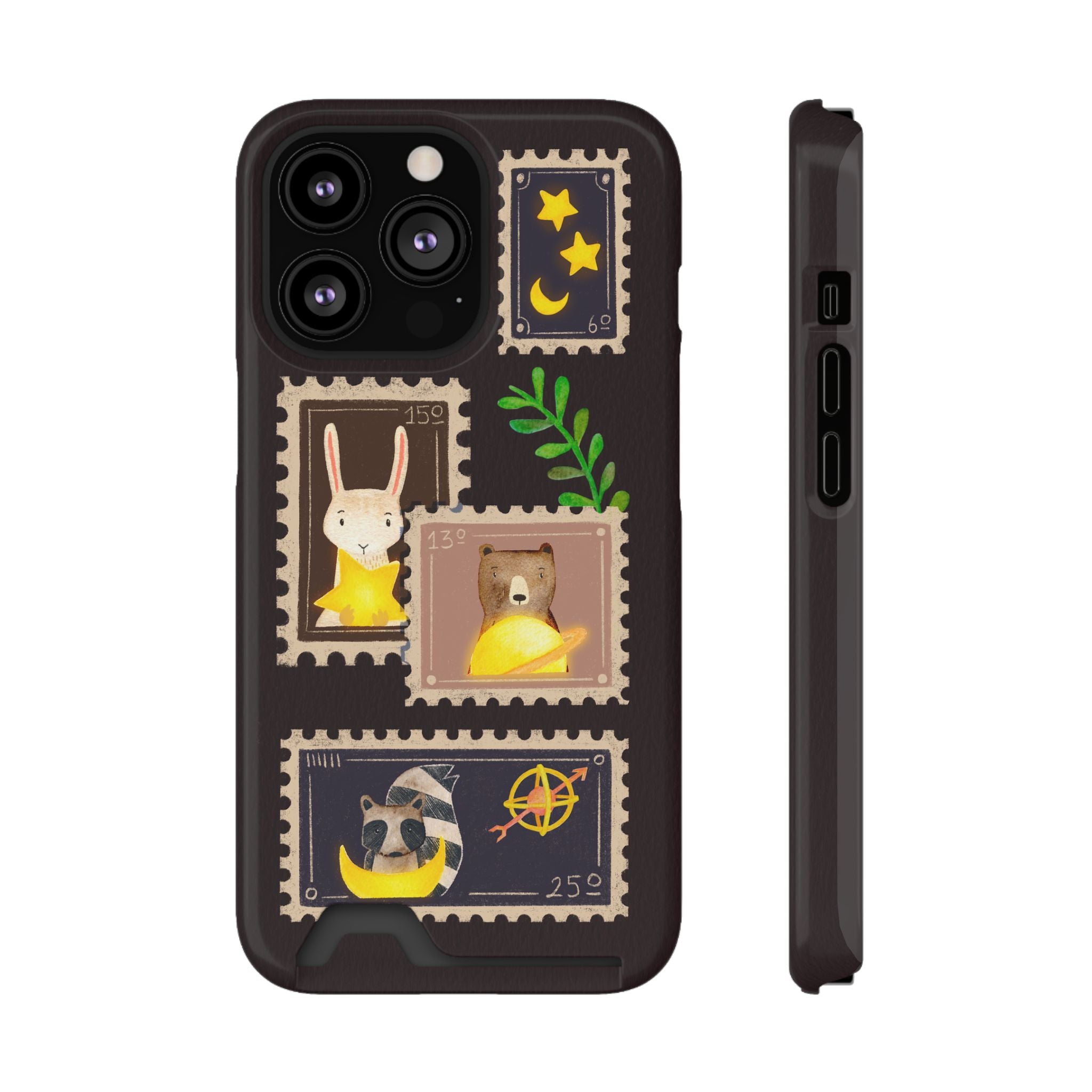 Animal Phone Case with Card Holder - Cute Raccoon, Bear & Bunny Design for iPhone 13 Samsung Galaxy S21/S22 - Pet Lovers Night Sky Style