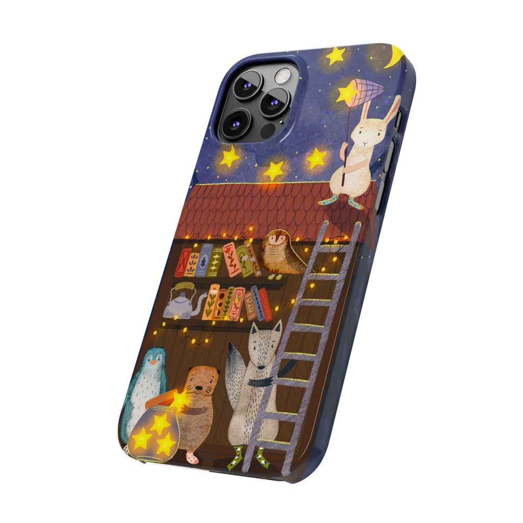 Starlit Library Phone Case, Woodland Animals iPhone Case, Cozy Night Scene Cover, Cute Animals Case Gift, iPhone 7 8 X XR 11 12 13 14 15 16