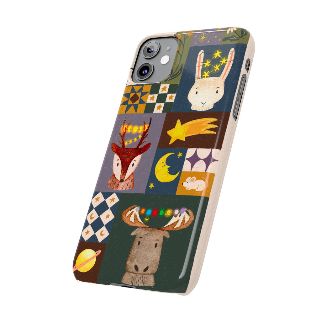 Holiday Night Sky Slim Case, Cute Forest Creatures iPhone Cover, Bunny Deer Moose, iPhone 7 8 X XR XS 11 12 13 14 15 16