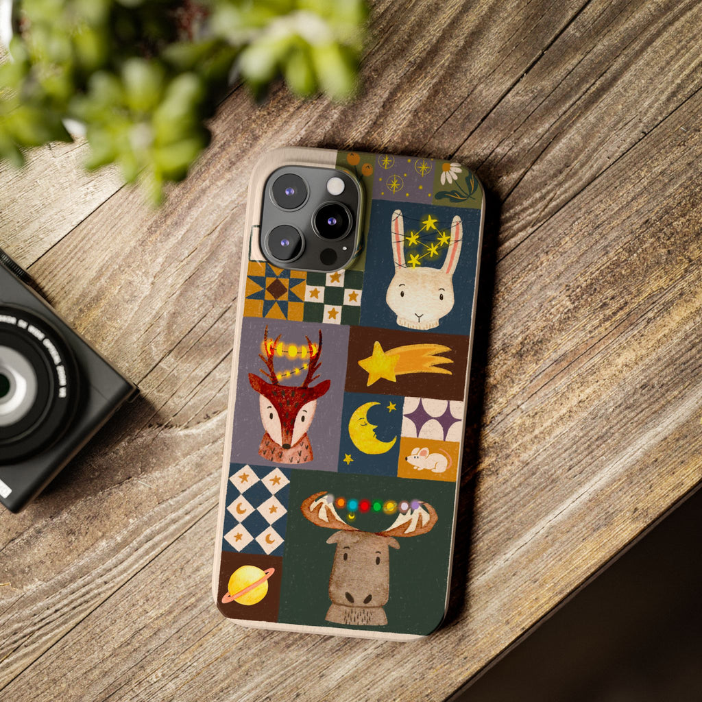 Holiday Night Sky Slim Case, Cute Forest Creatures iPhone Cover, Bunny Deer Moose, iPhone 7 8 X XR XS 11 12 13 14 15 16
