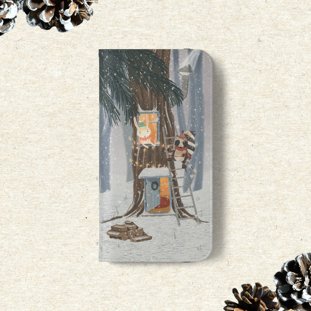 Winter Forest Friends Wallet Case, Woodland Flip Cover, Vegan Leather, Snowy Scene, Cozy Holiday, iPhone 11 12 13 14 15 16, Galaxy S21 S22