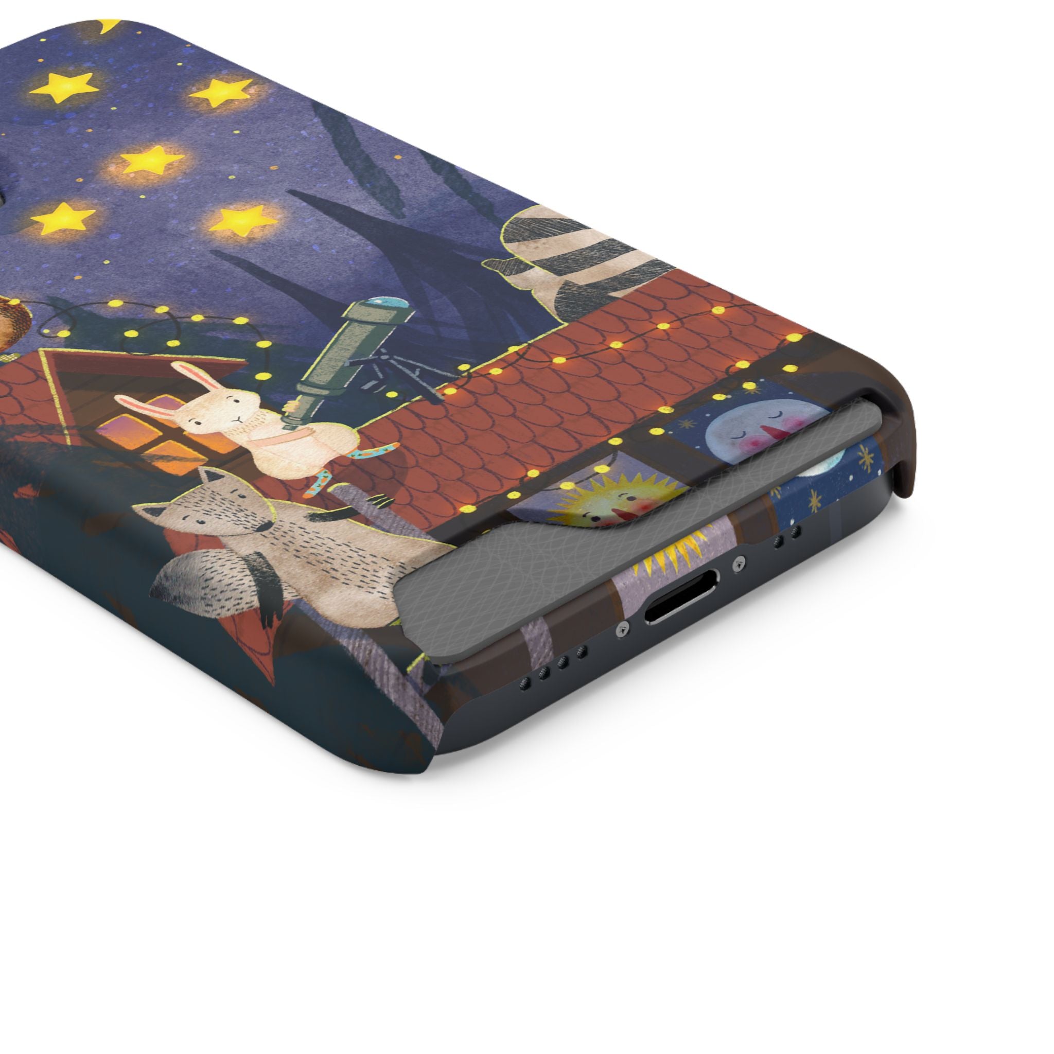 Stargazing Animals Phone Case With Card Holder - Cute Animal Design for Kids, Gift for Urban Explorers, Night Sky Vibes, Fun Accessory