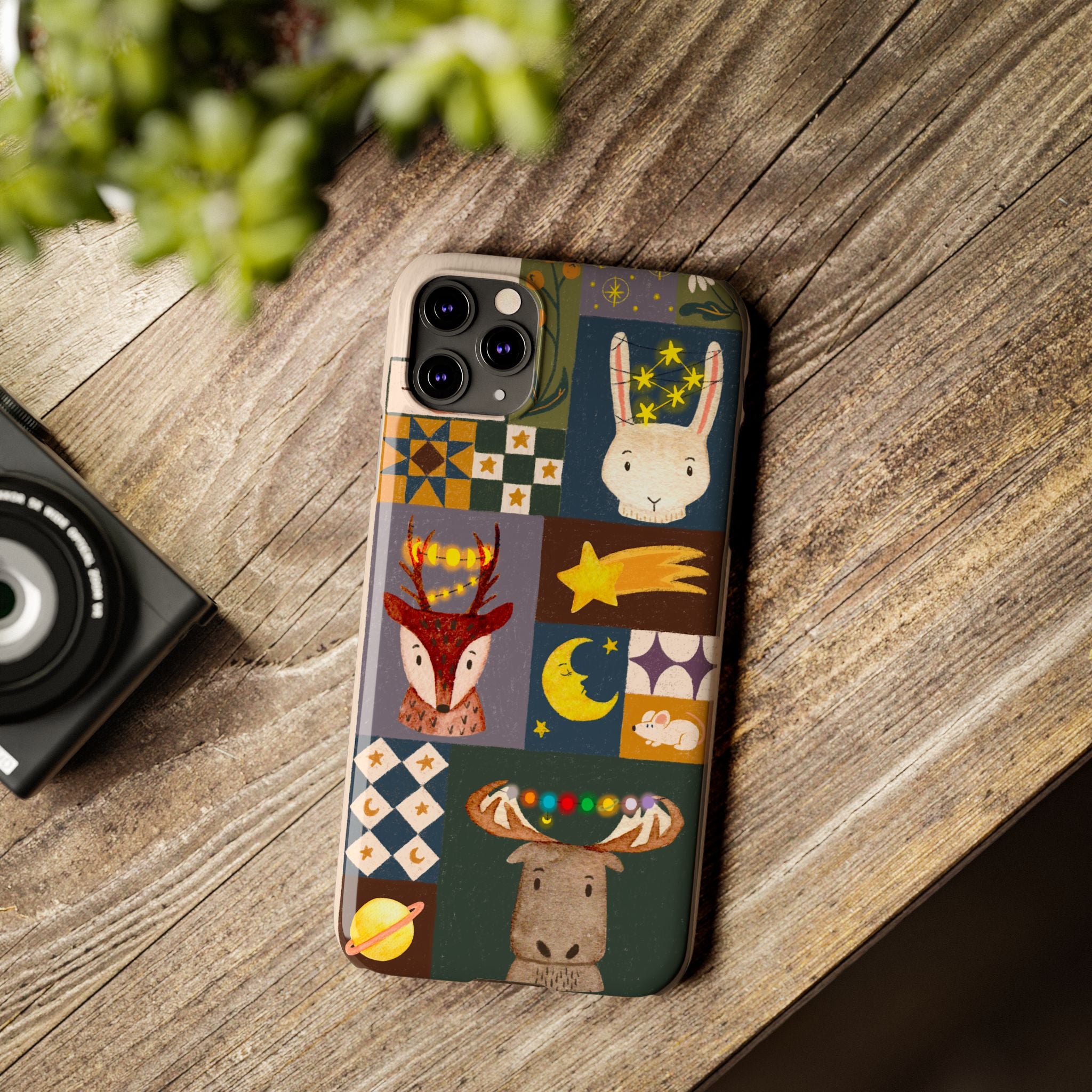 Holiday Night Sky Slim Case, Cute Forest Creatures iPhone Cover, Bunny Deer Moose, iPhone 7 8 X XR XS 11 12 13 14 15 16