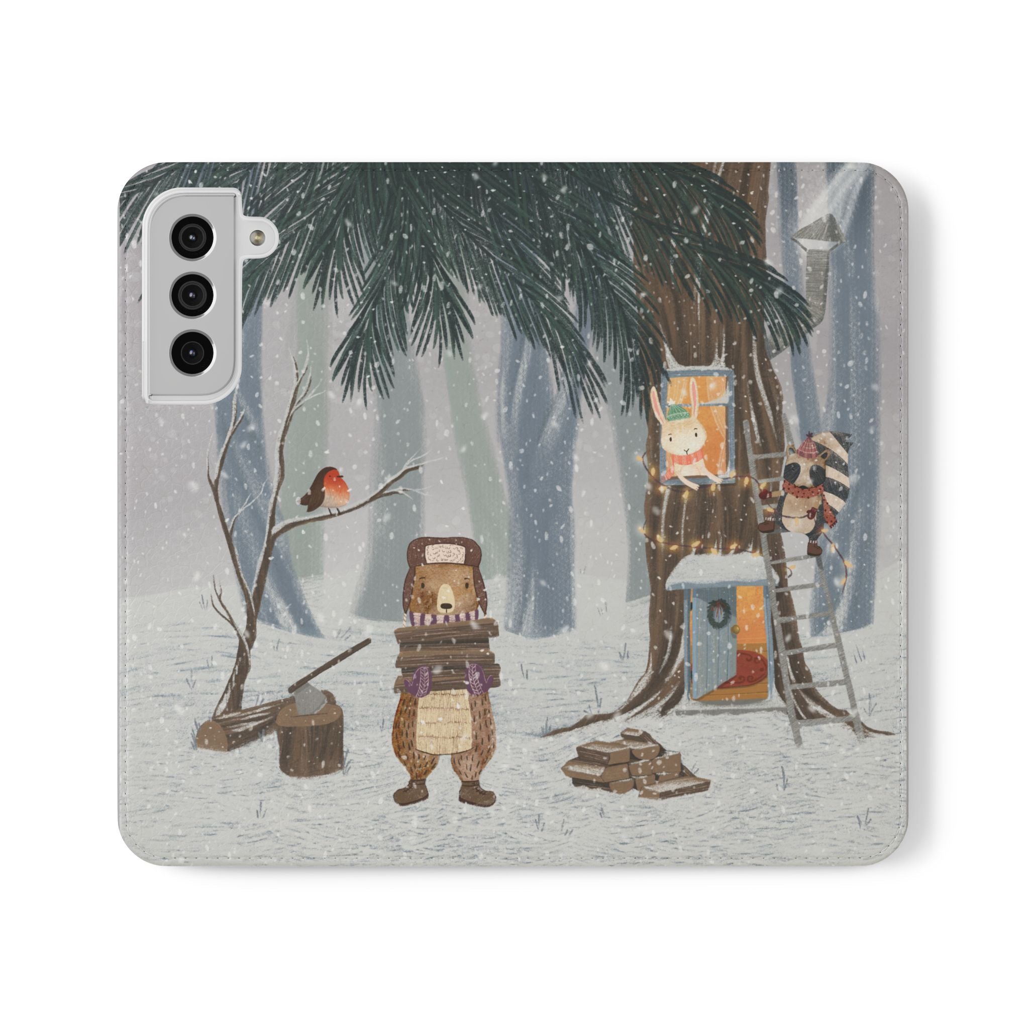 Winter Forest Friends Wallet Case, Woodland Flip Cover, Vegan Leather, Snowy Scene, Cozy Holiday, iPhone 11 12 13 14 15 16, Galaxy S21 S22