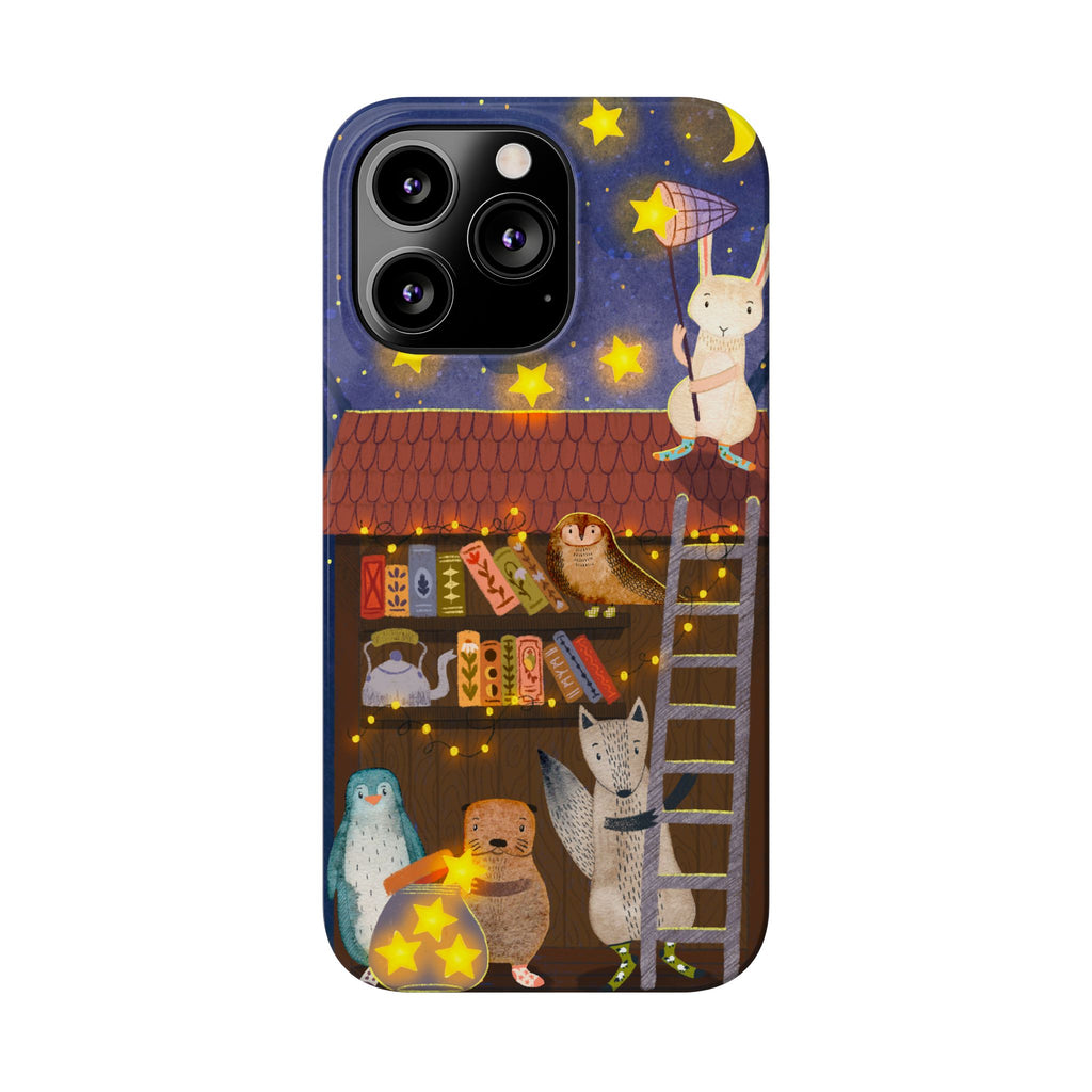 Starlit Library Phone Case, Woodland Animals iPhone Case, Cozy Night Scene Cover, Cute Animals Case Gift, iPhone 7 8 X XR 11 12 13 14 15 16