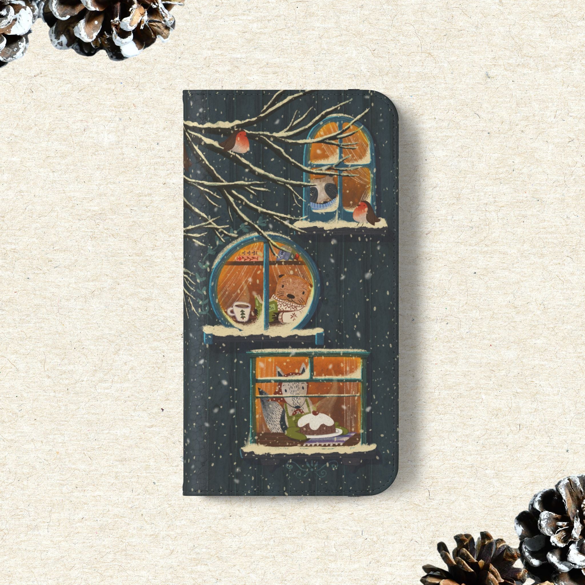 Cozy Winter Cottage Wallet Case, Cute Animals Flip Cover, Vegan Leather, Cozy Vibes, Gift Idea for iPhone 11 12 13 14 15 16, Galaxy S21 S22