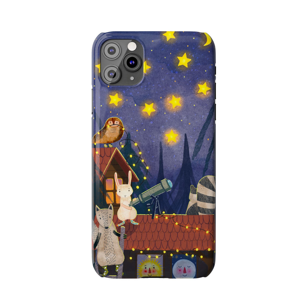 Stargazing Animals Slim iPhone Case, Night Sky Observatory Cover, Cute Forest Gift, Starry Night Gift, iPhone 16 15 14 13 12 11 X XR XS 8 7