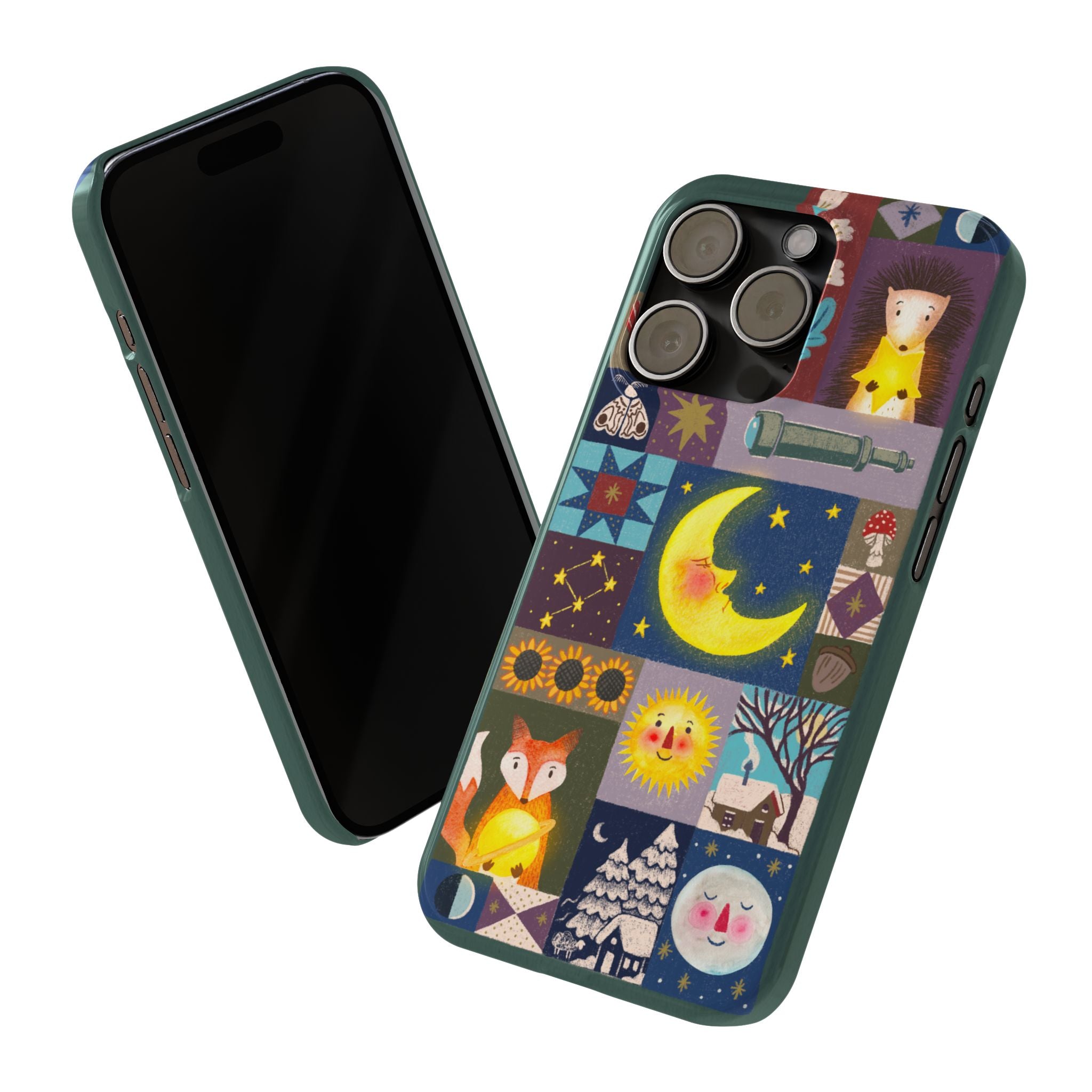 Celestial Quilt iPhone Case, Folk Art Moon Sun Fox Case, Nature Patchwork Cover, Cute Stellar Design, iPhone 7 8 X XR XS 11 12 13 14 15 16