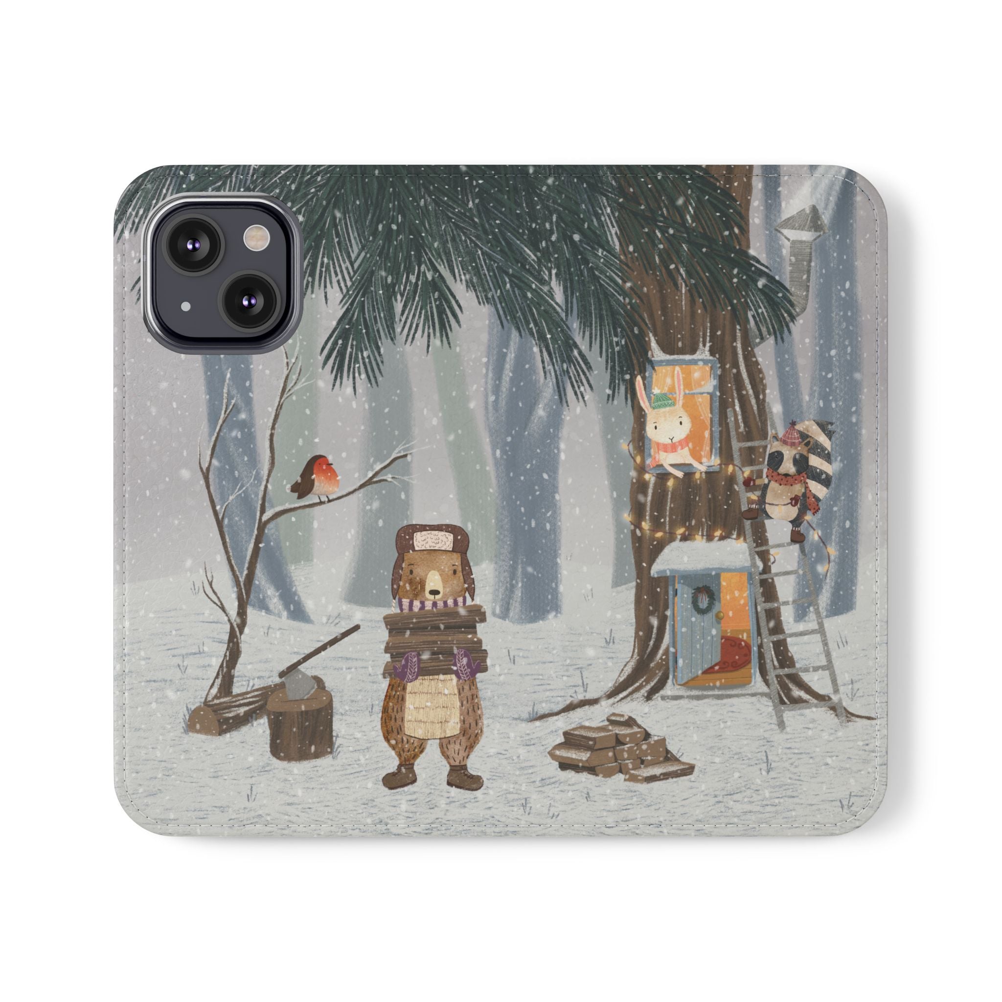 Winter Forest Friends Wallet Case, Woodland Flip Cover, Vegan Leather, Snowy Scene, Cozy Holiday, iPhone 11 12 13 14 15 16, Galaxy S21 S22