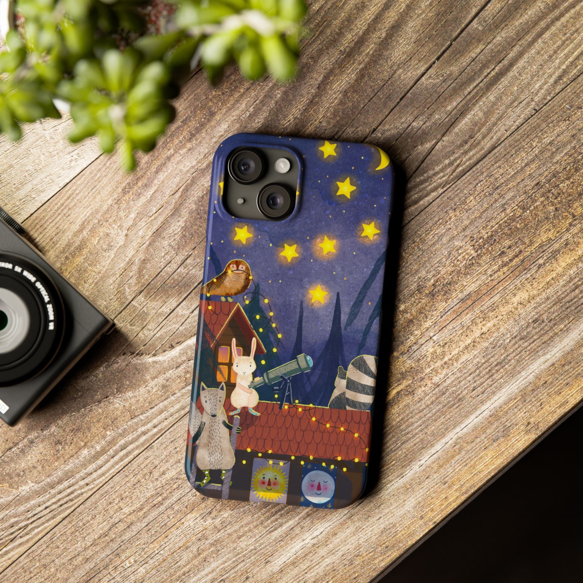 Stargazing Animals Slim iPhone Case, Night Sky Observatory Cover, Cute Forest Gift, Starry Night Gift, iPhone 16 15 14 13 12 11 X XR XS 8 7