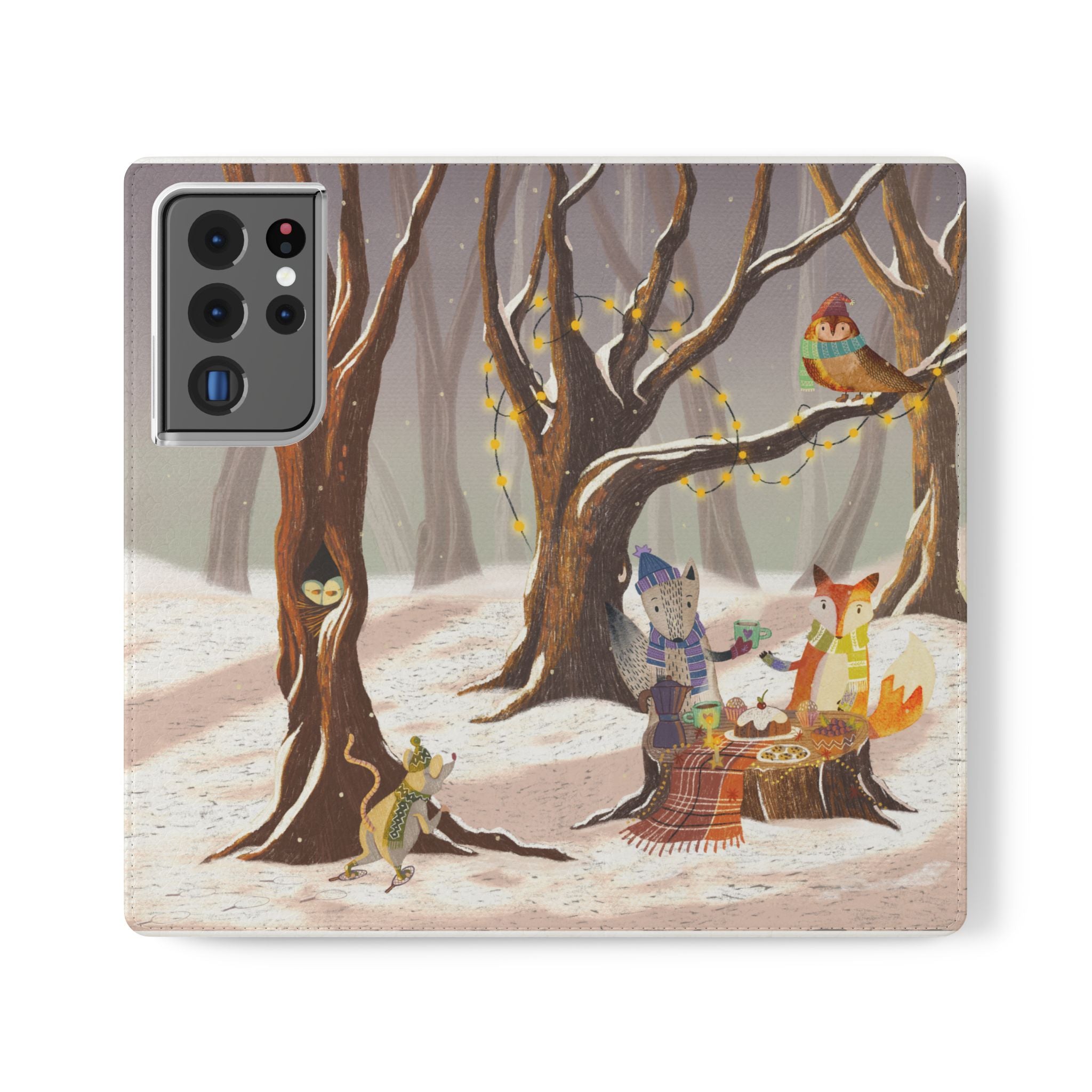 Winter Forest Tea Party Wallet Case, Woodland Animals Phone Flip Cover, Vegan Leather Case, iPhone 11 12 13 14 15 16, Galaxy Ultra S21 S22