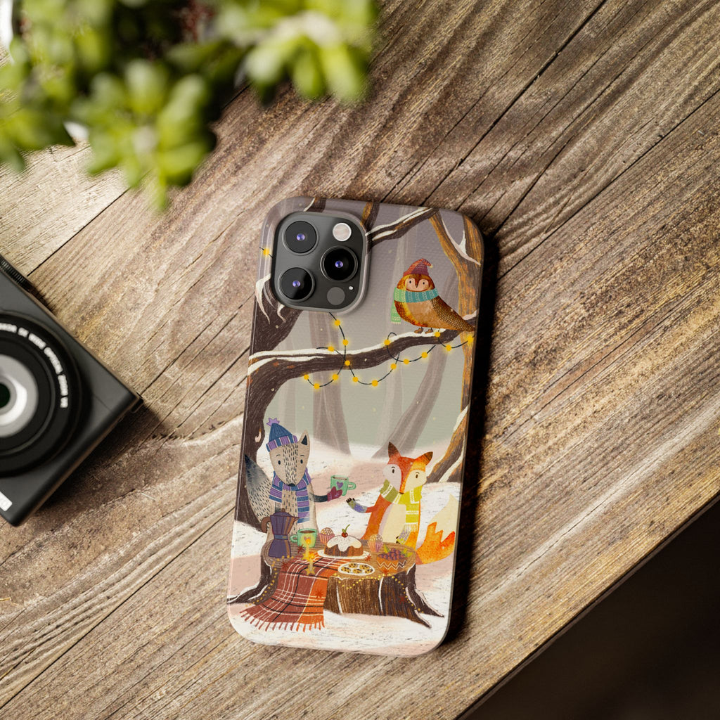 Cozy Winter Animals Slim iPhone Case, Cute Fox & Owl Design, Winter Theme Holiday Gift, Cute Phone Cover Gift, iPhone 16 15 14 13 12 11 X XR
