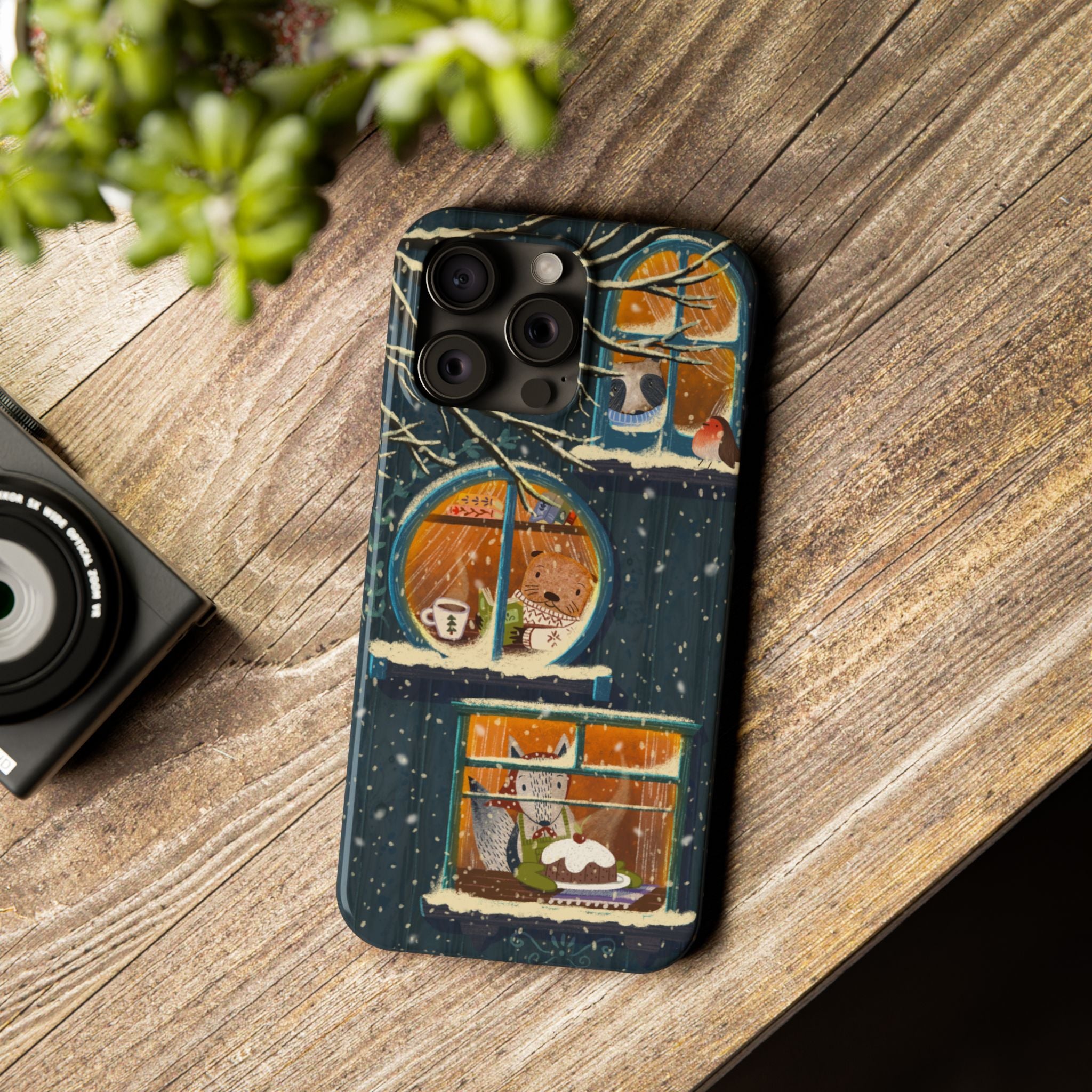 Cute Winter Animals Cozy Home iPhone Case, Woodland Cottage Cover, Treehouse at Night, Raccoon Bear Fox, iPhone 16 15 14 13 12 11 X XR 8 7