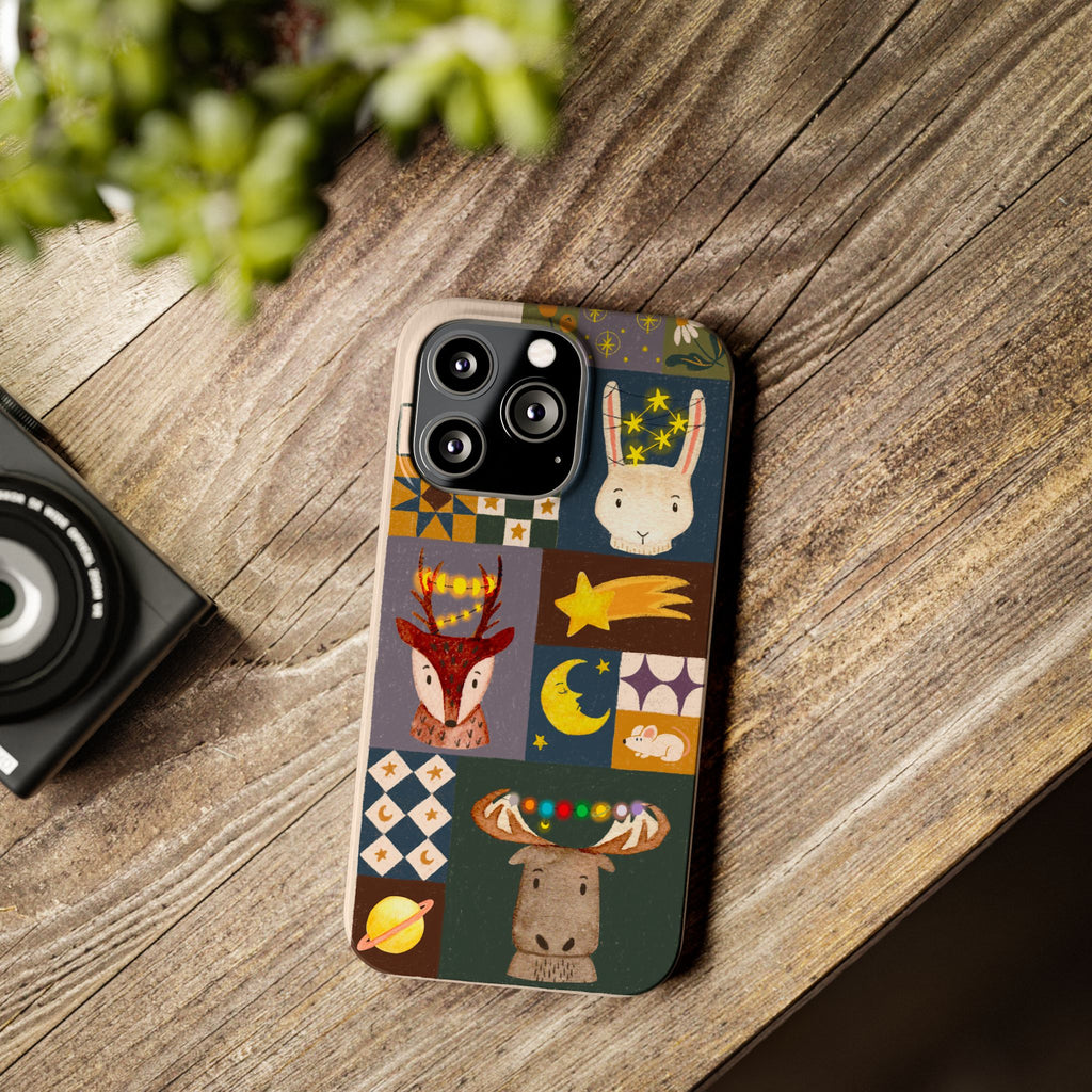 Holiday Night Sky Slim Case, Cute Forest Creatures iPhone Cover, Bunny Deer Moose, iPhone 7 8 X XR XS 11 12 13 14 15 16