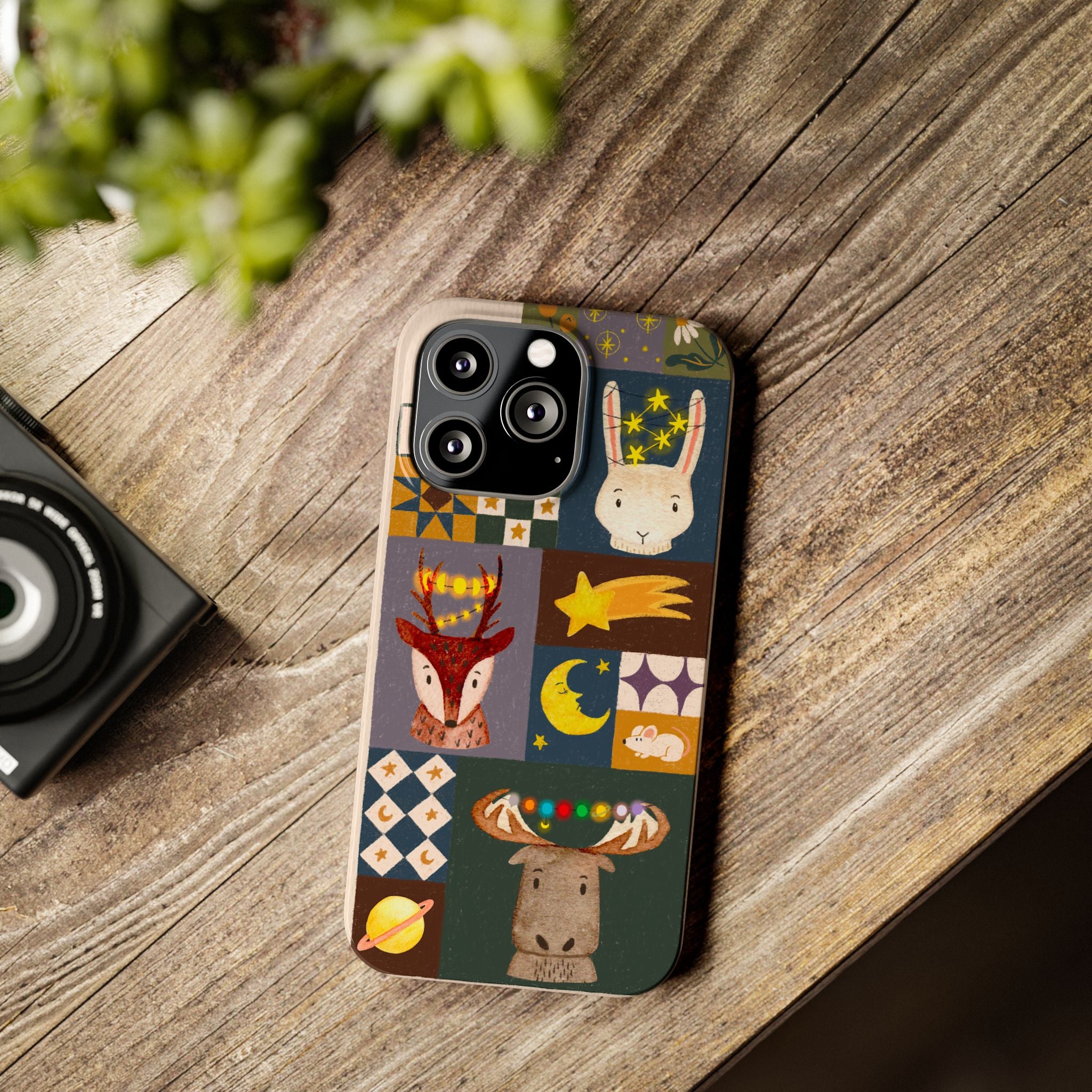 Holiday Night Sky Slim Case, Cute Forest Creatures iPhone Cover, Bunny Deer Moose, iPhone 7 8 X XR XS 11 12 13 14 15 16