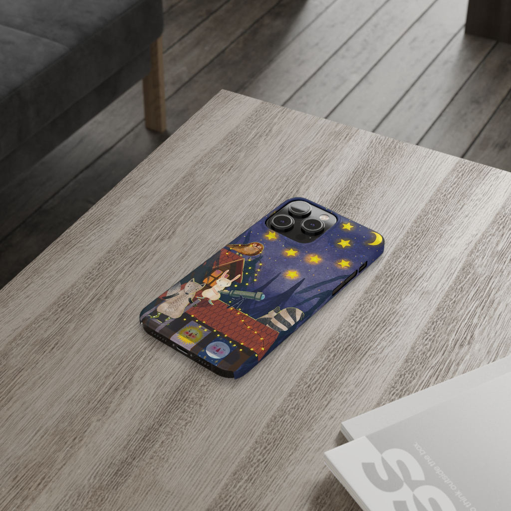 Stargazing Animals Slim iPhone Case, Night Sky Observatory Cover, Cute Forest Gift, Starry Night Gift, iPhone 16 15 14 13 12 11 X XR XS 8 7