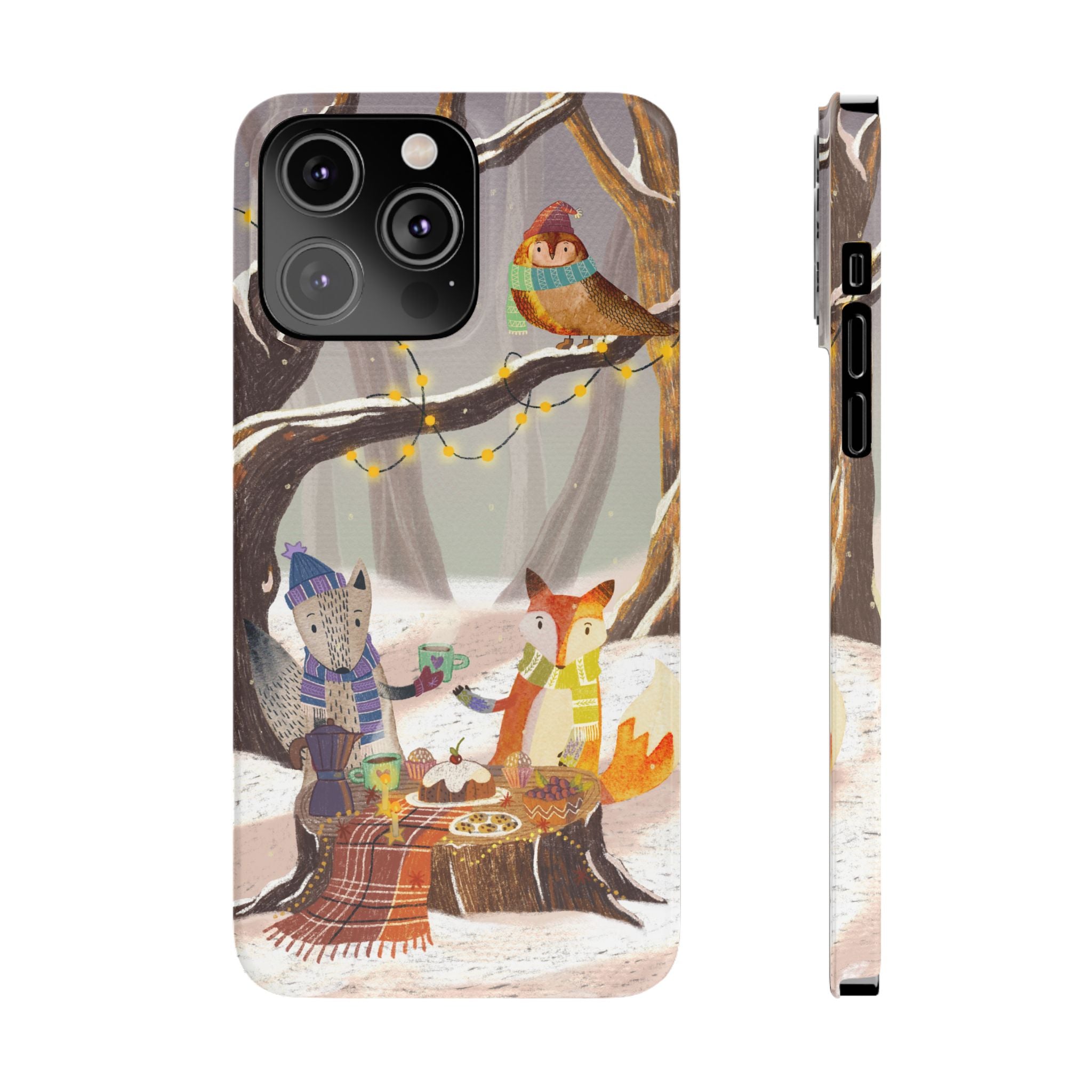 Cozy Winter Animals Slim iPhone Case, Cute Fox & Owl Design, Winter Theme Holiday Gift, Cute Phone Cover Gift, iPhone 16 15 14 13 12 11 X XR