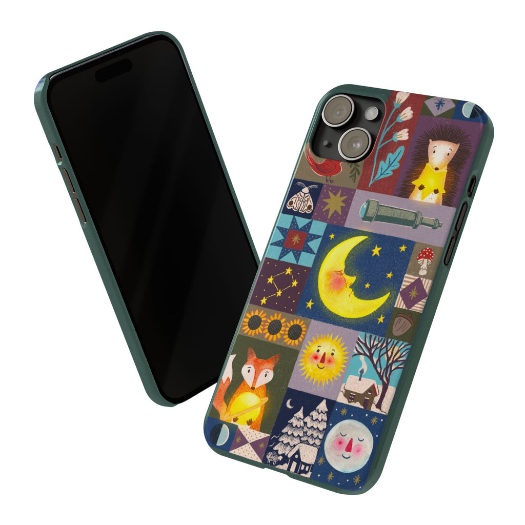 Celestial Quilt iPhone Case, Folk Art Moon Sun Fox Case, Nature Patchwork Cover, Cute Stellar Design, iPhone 7 8 X XR XS 11 12 13 14 15 16