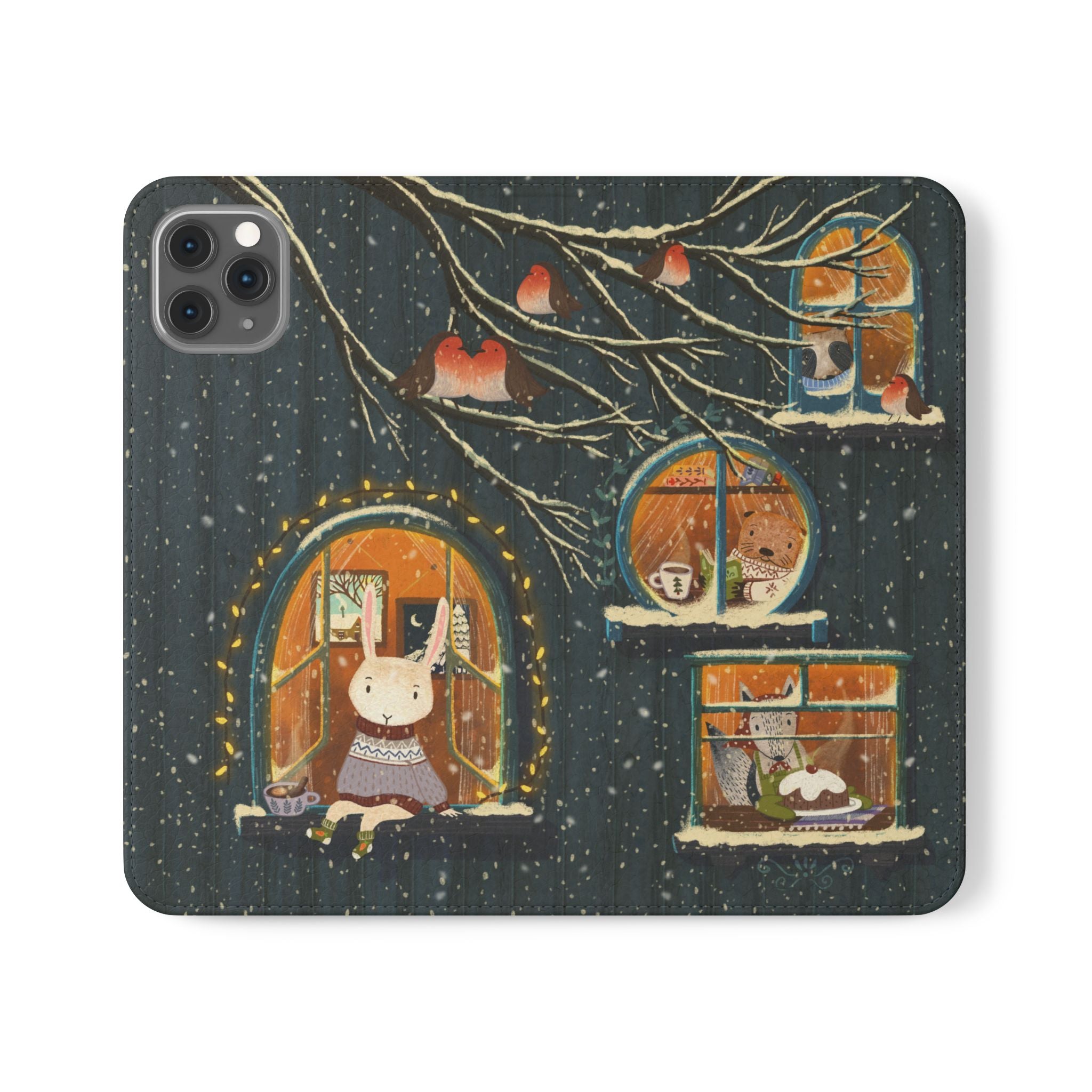 Cozy Winter Cottage Wallet Case, Cute Animals Flip Cover, Vegan Leather, Cozy Vibes, Gift Idea for iPhone 11 12 13 14 15 16, Galaxy S21 S22